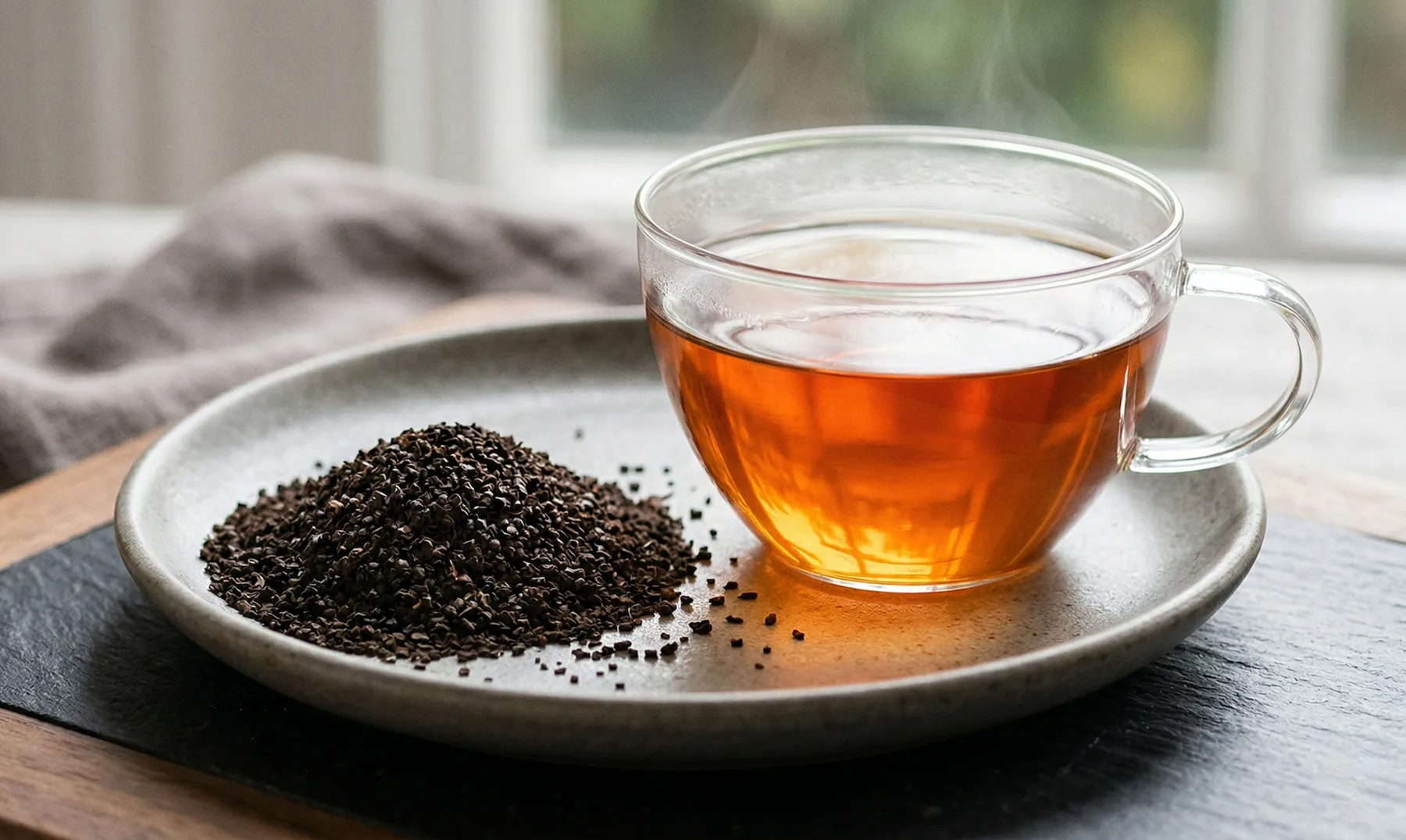 Processed leaves and copper-colored liquor representing the profile of African black teas