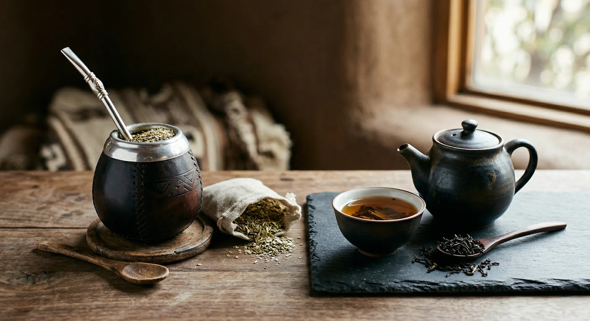 Composición con mate en calabaza y té verdadero servidos lado a lado en un entorno sudamericano