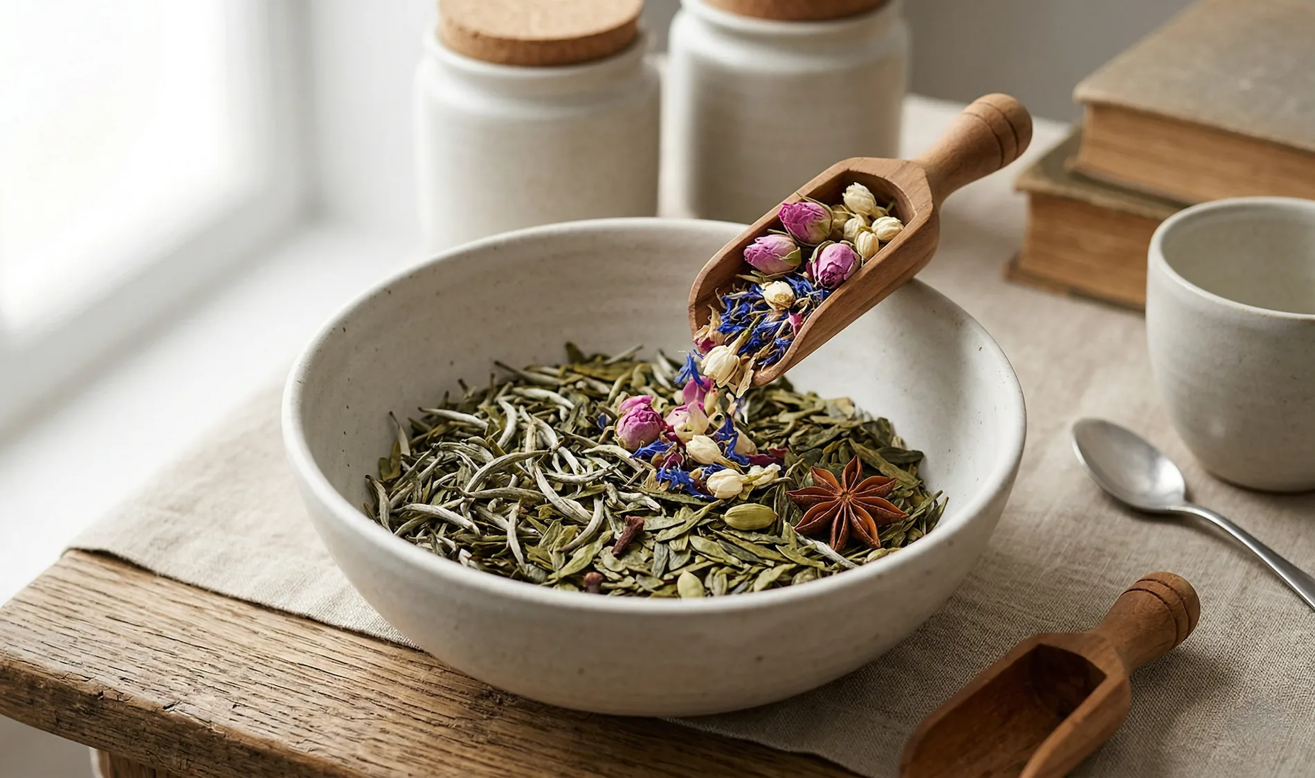 Ingredientes de té combinándose en una refinada composición de blend