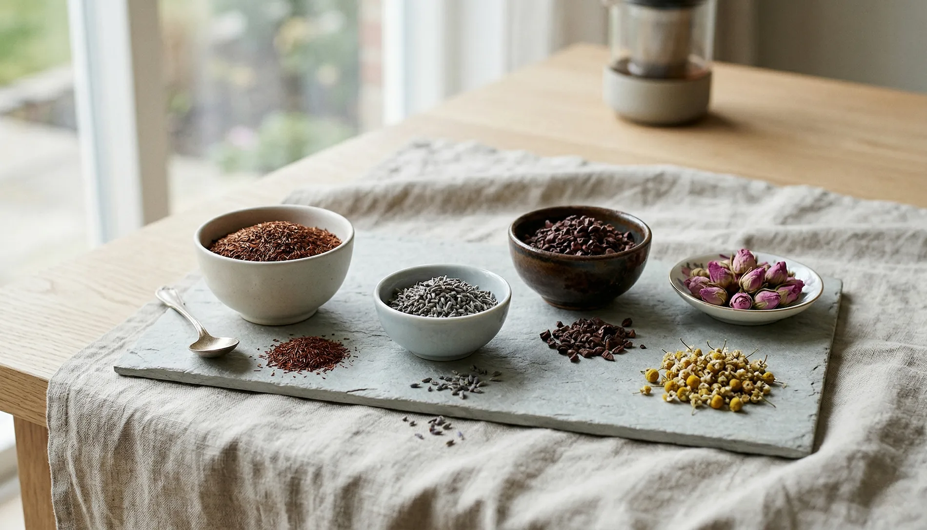 Ingredientes premium como rooibos, lavanda y nibs de cacao listos para un blend