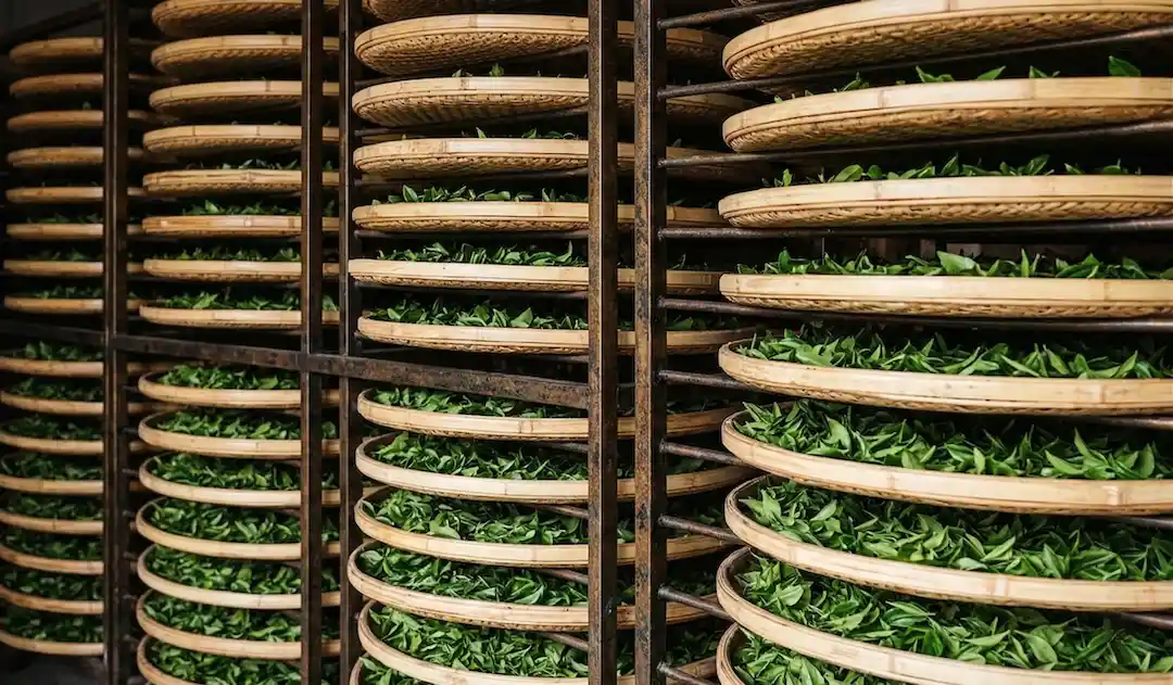 Tea leaves withering on bamboo trays