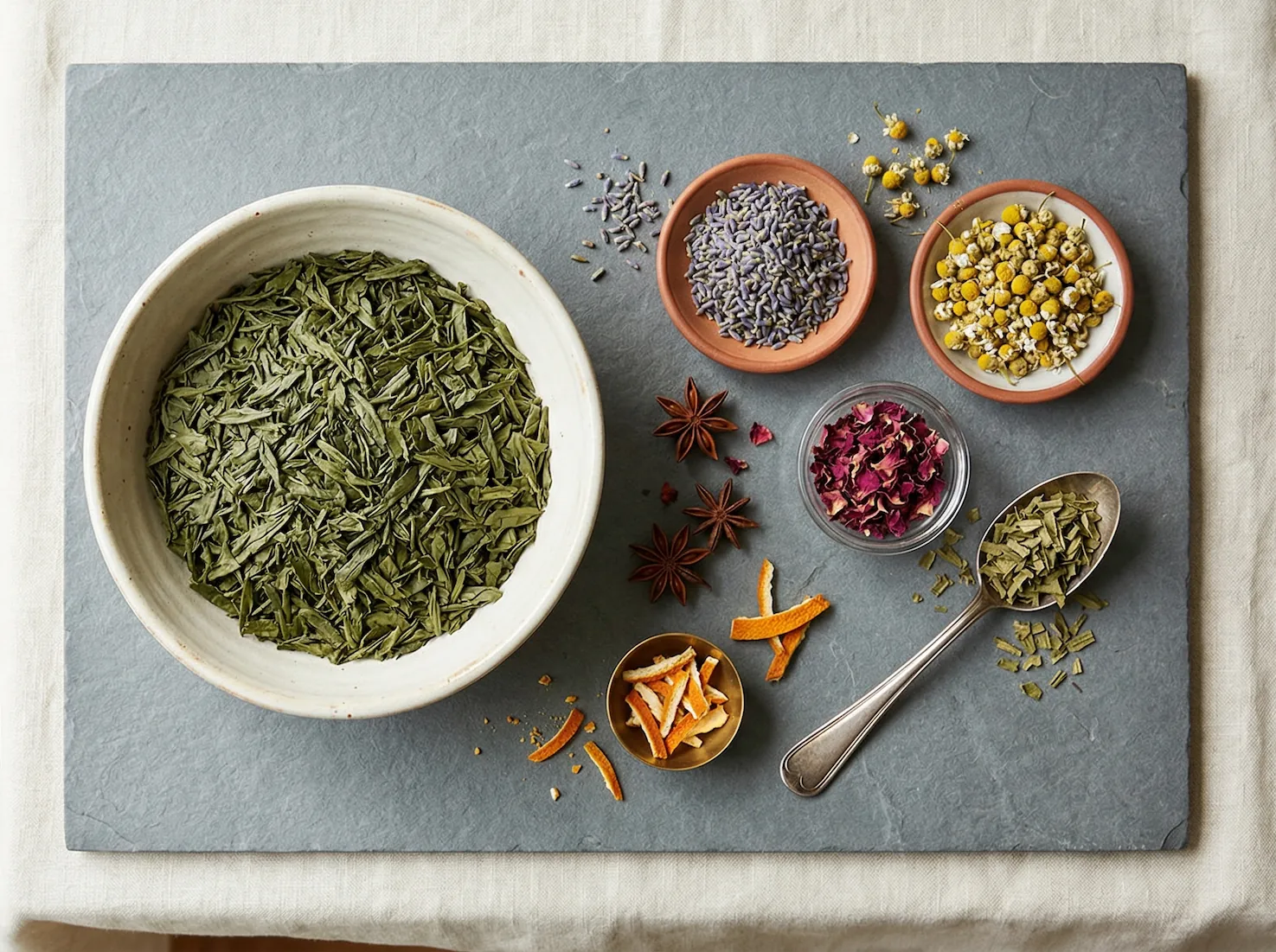 Proporción visual de un blend con base de té verde, flores secas, lavanda, manzanilla, cáscara de naranja y especias