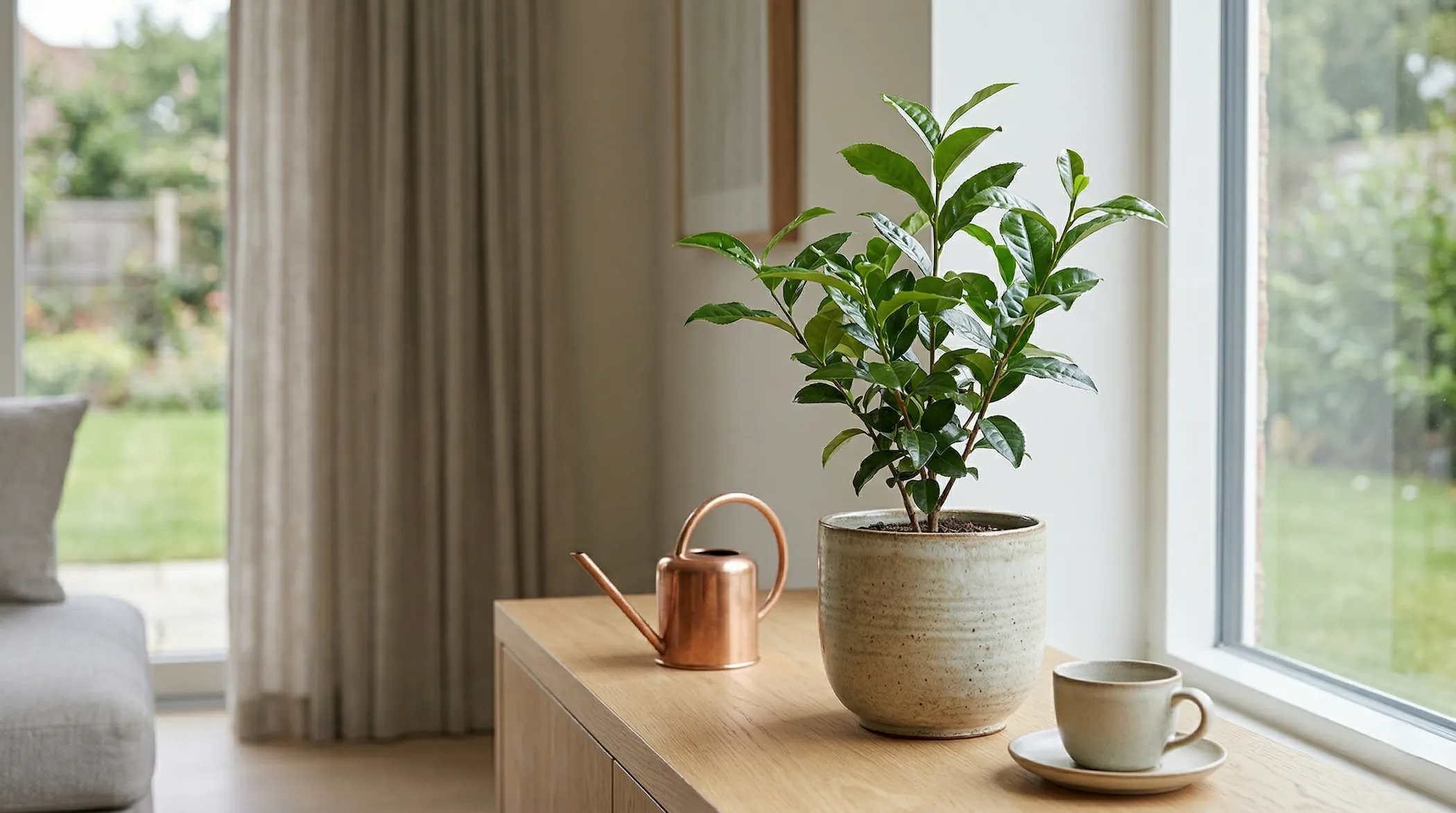 Camellia sinensis grown in a pot indoors with soft natural light