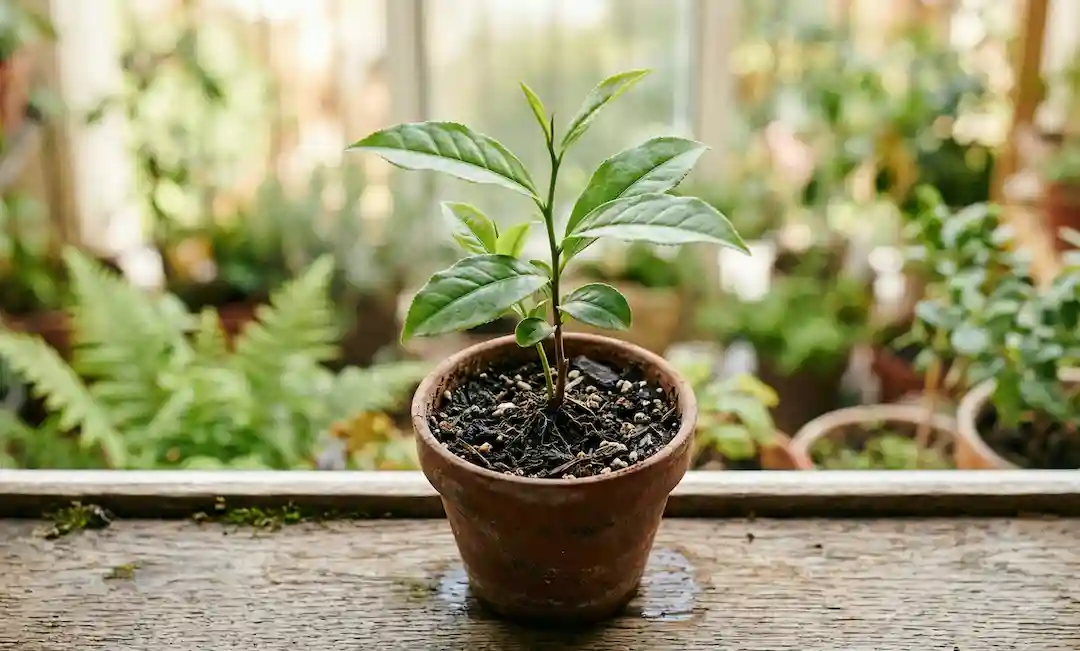 Young tea seedlings developing under controlled light