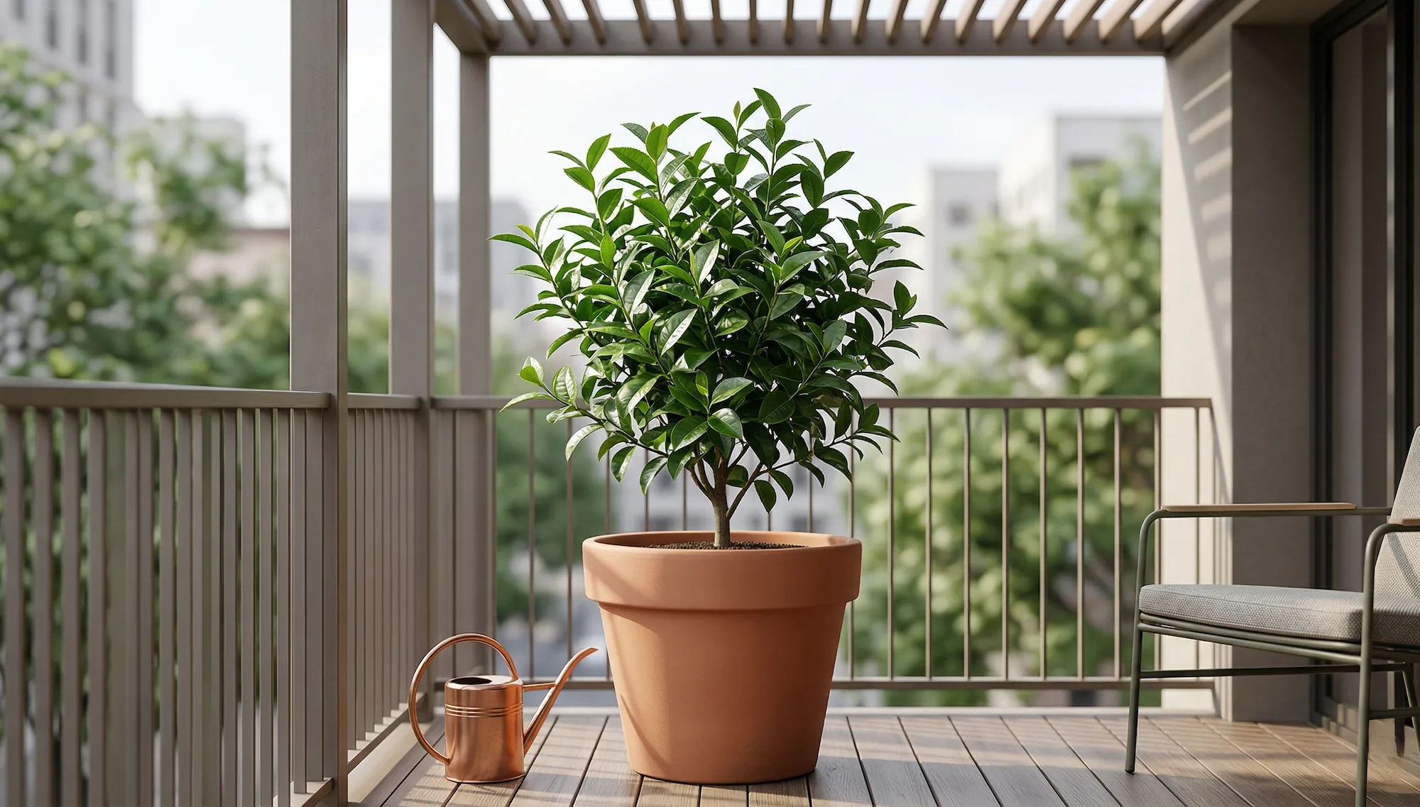 Camellia sinensis in a large pot receiving filtered light on a balcony