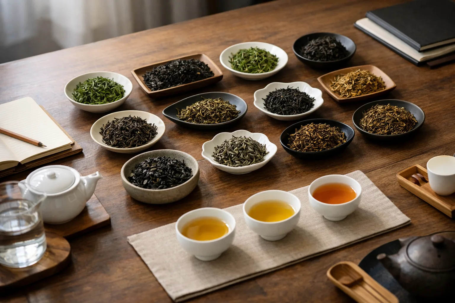 Muestras de té comparadas por estación, flush y lote en una mesa de cata