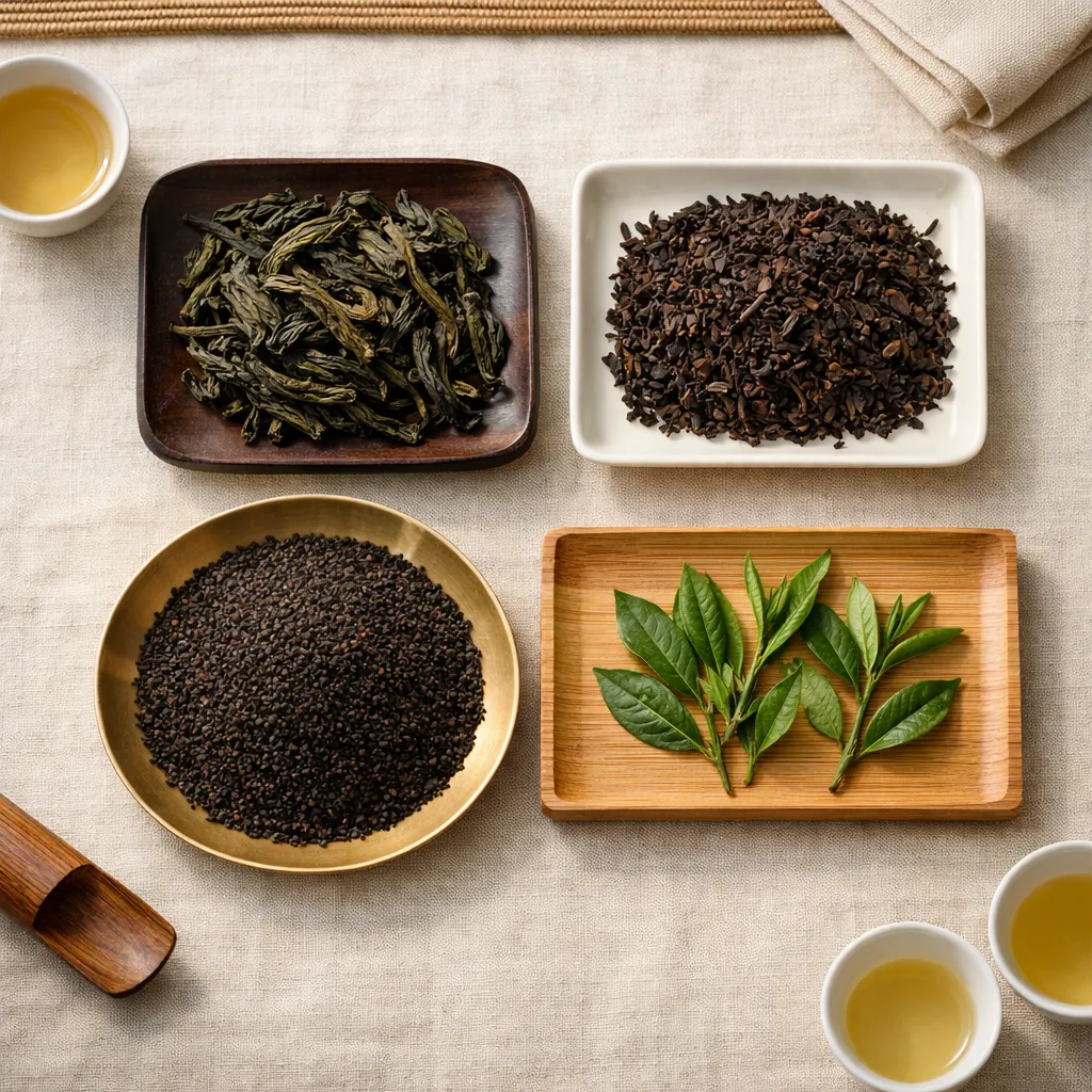 Comparación editorial entre hojas enteras, hojas rotas, CTC y muestras de calidad en bandejas de cata