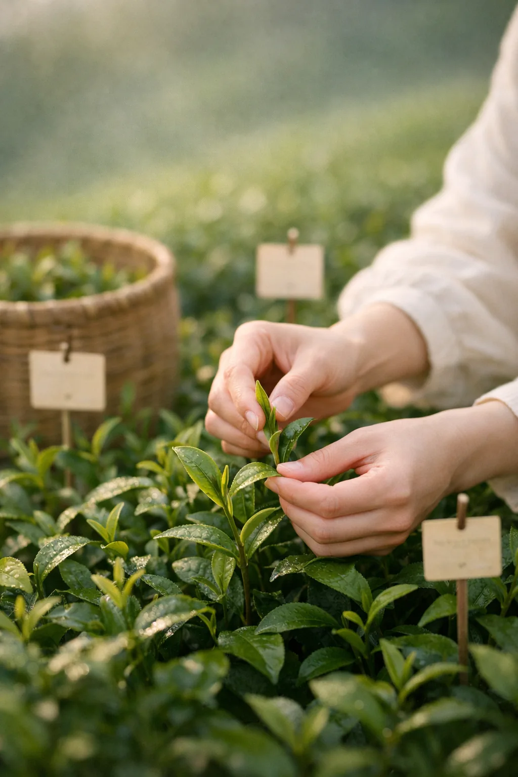 Cosecha delicada de brotes de té con cestas e identificación de cosecha o lote