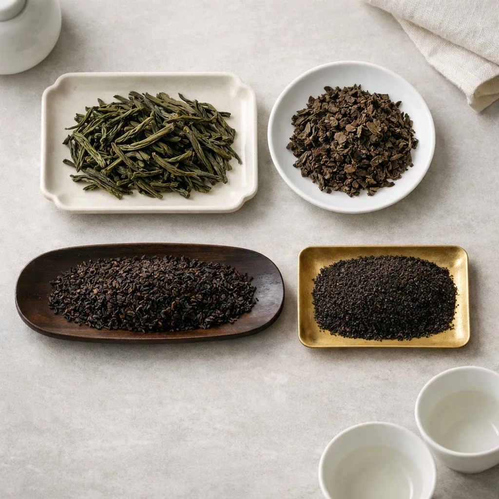 Bandejas con distintos estilos de hoja de té para comparación de compra