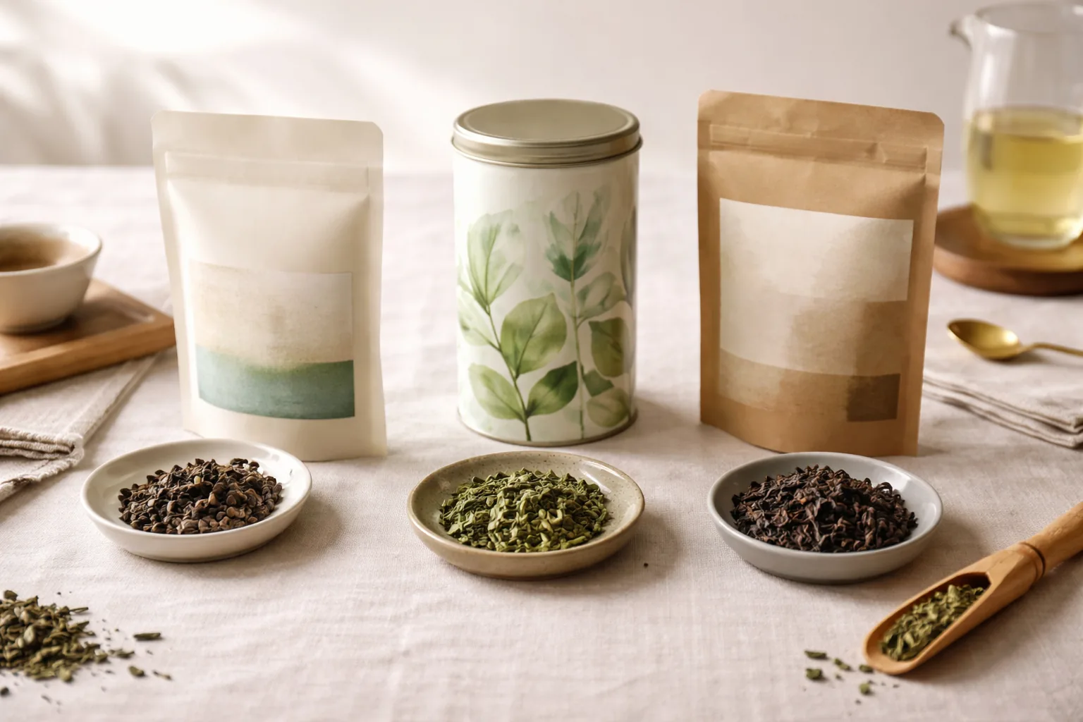 Selección comparativa de tés y envases sobre una mesa de curaduría de compra