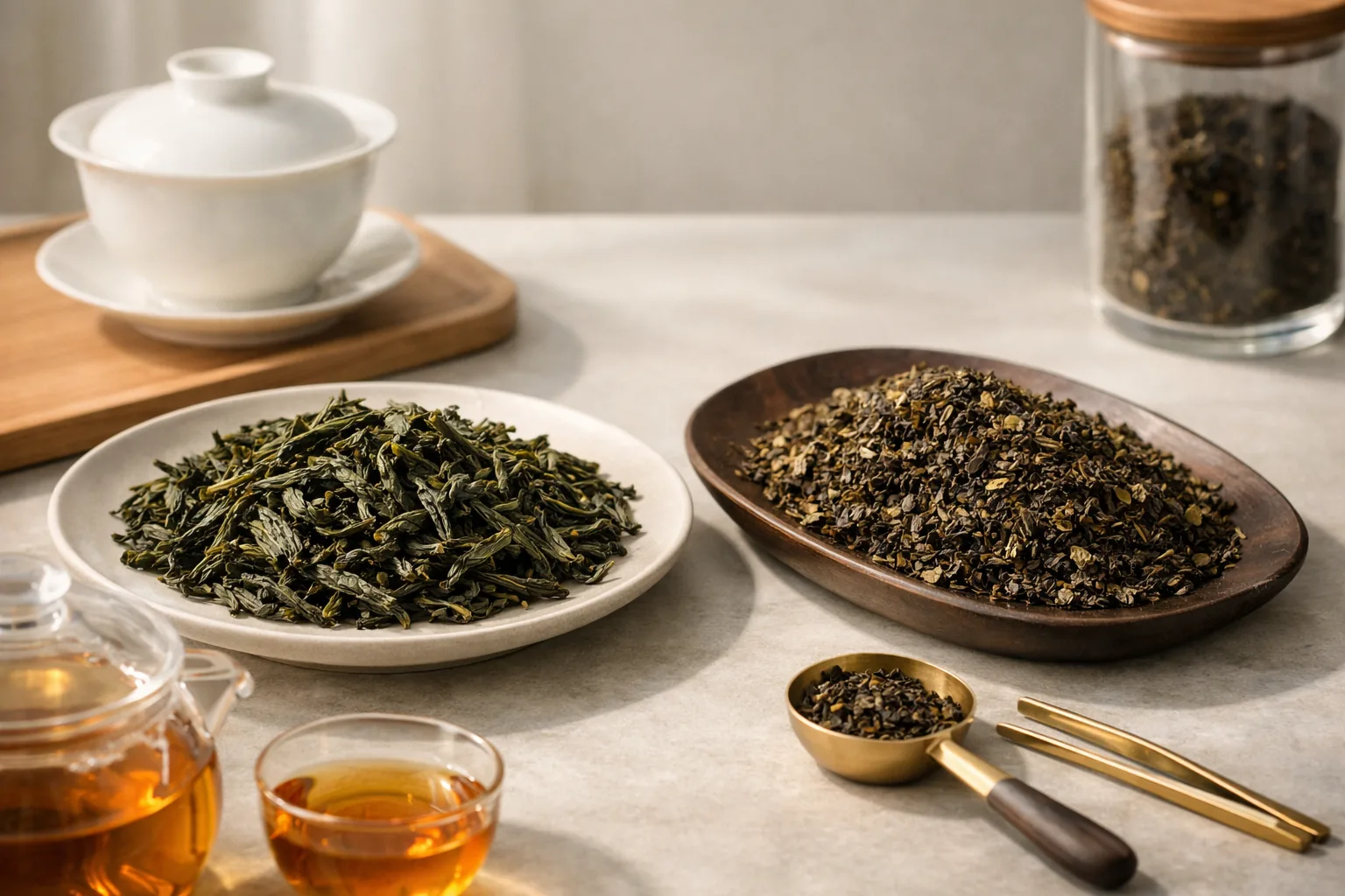 Comparación visual entre hoja entera bien elaborada y hoja broken de buena calidad