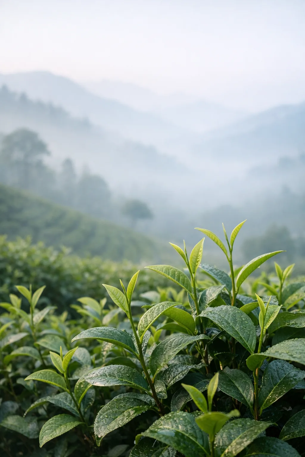 Primeros brotes de té siendo recolectados en un jardín de altura bajo una ligera neblina