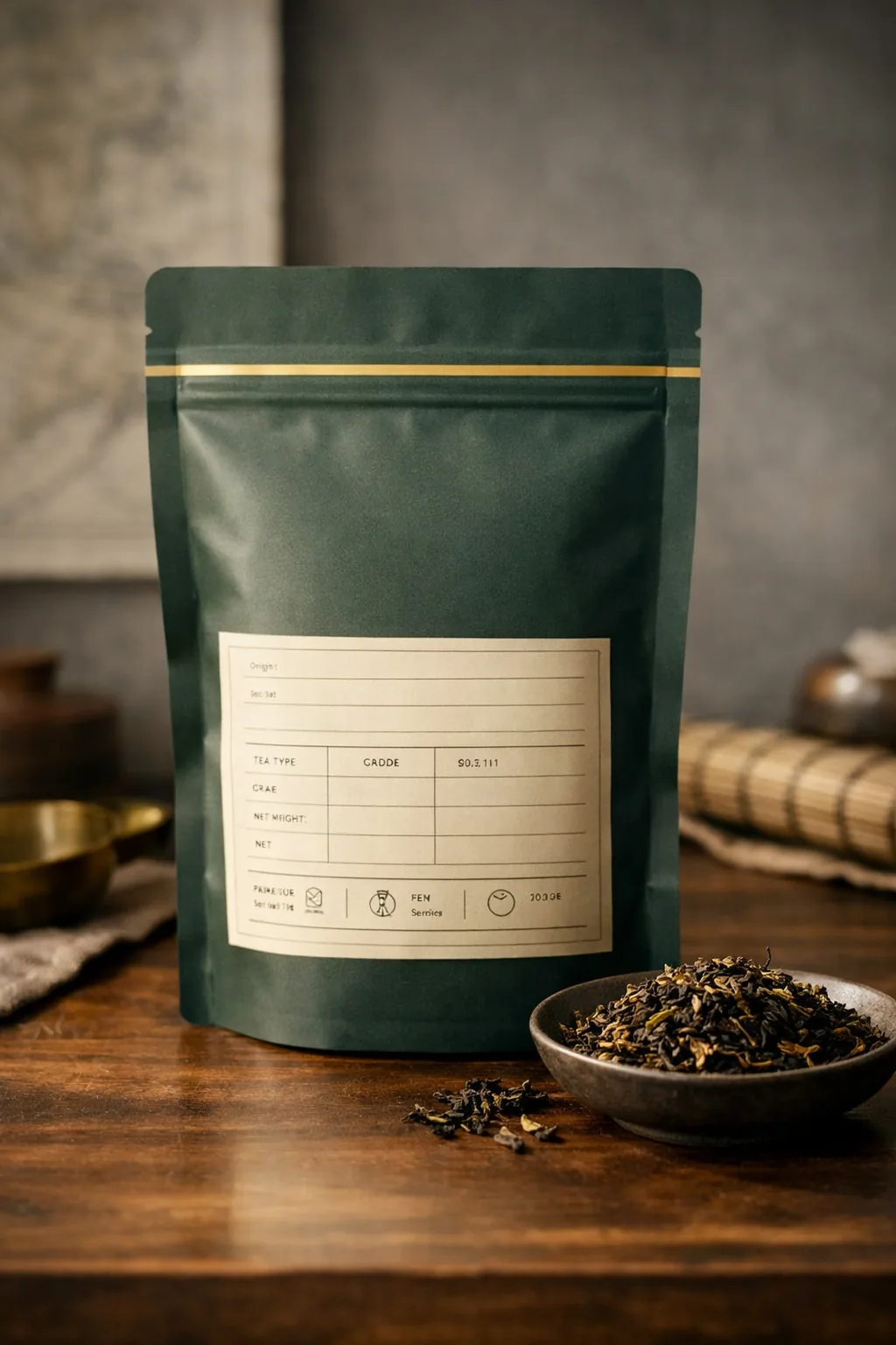 Close-up of premium tea packaging highlighting origin, lot, and instructions