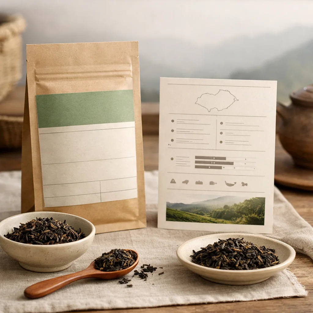 Tea packaging highlighting country, region, and origin information