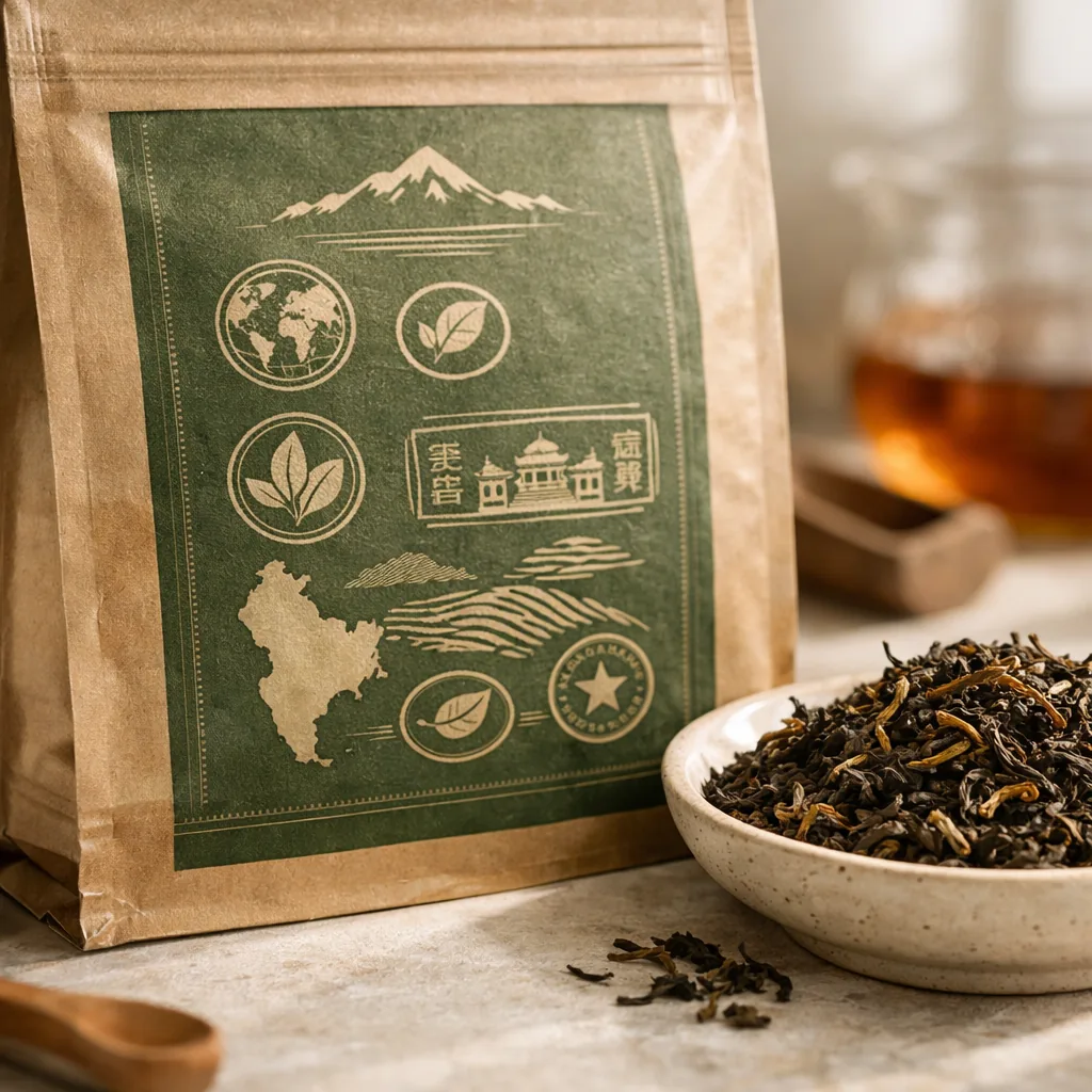 Tea labels showing marks of authenticity, certification, and origin