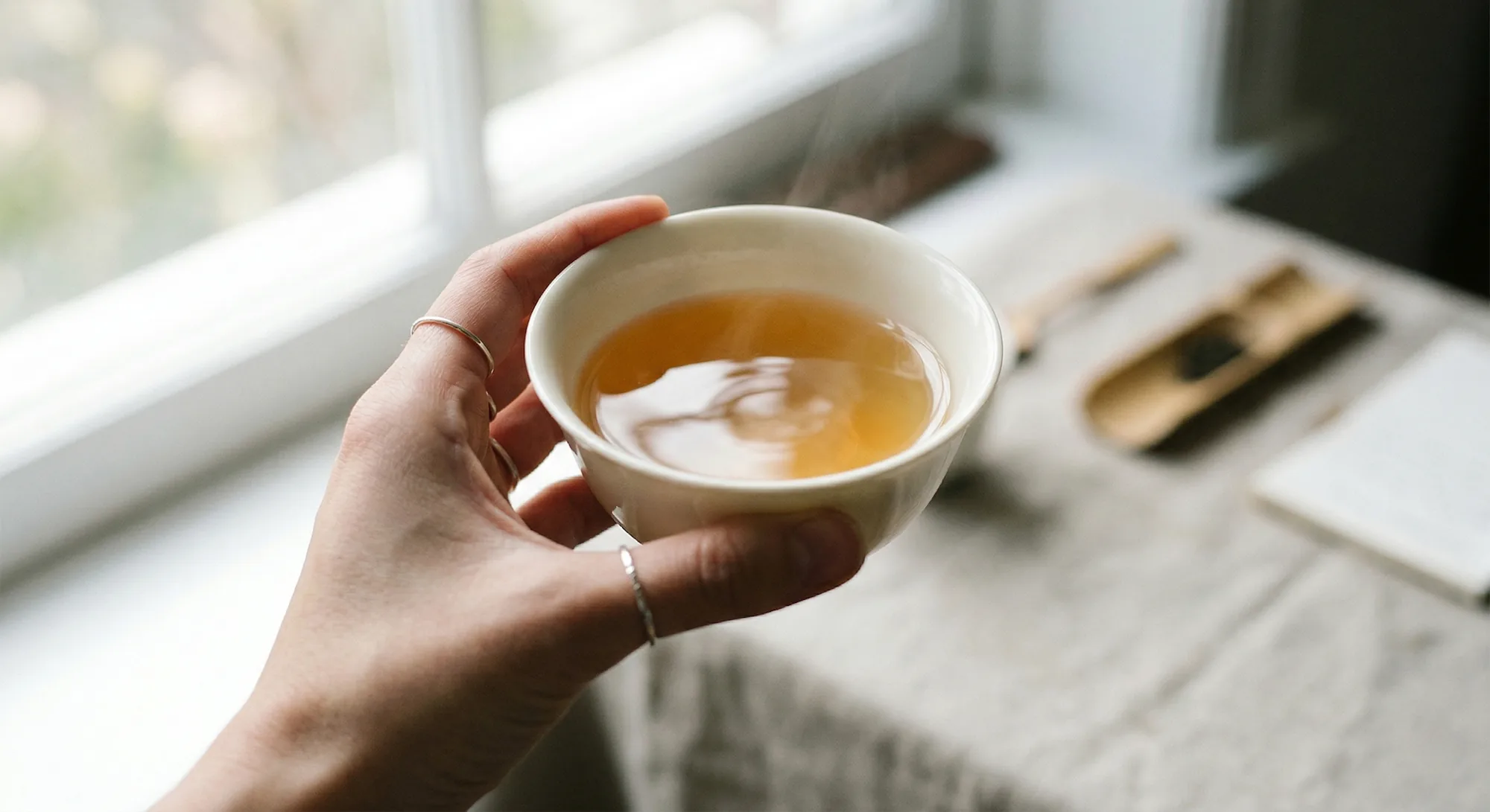 Hand holding a cup of tea in natural light to observe color and clarity