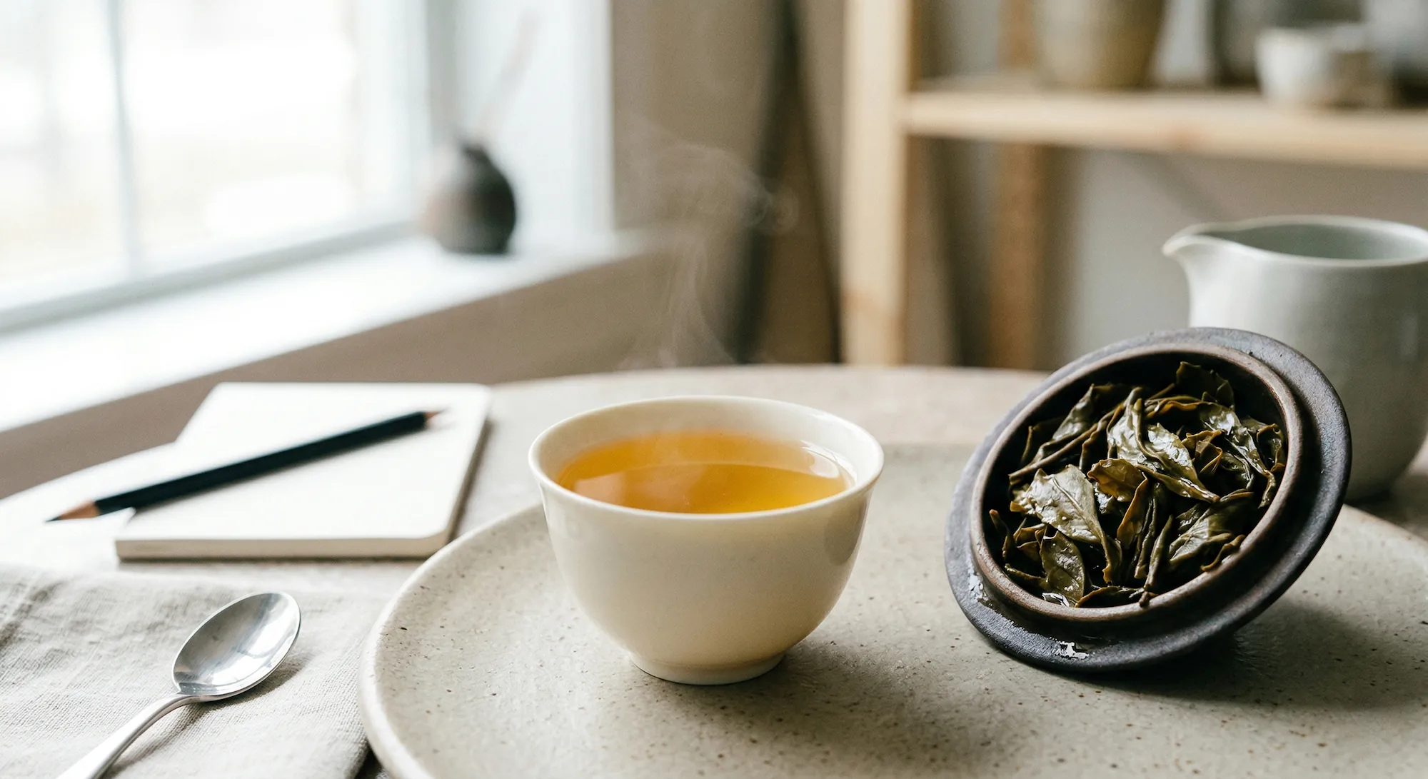 Cup of tea beside wet infused leaves in a sensory tasting composition