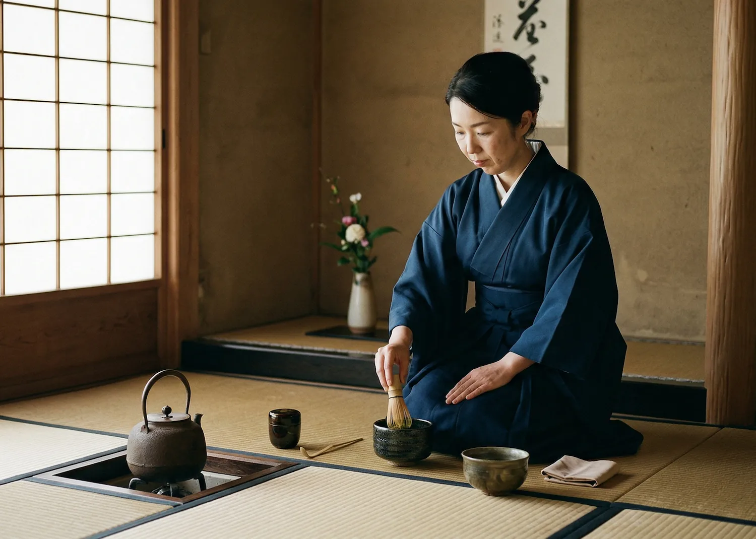 Cerimônia do chá oriental com precisão ritual e utensílios tradicionais