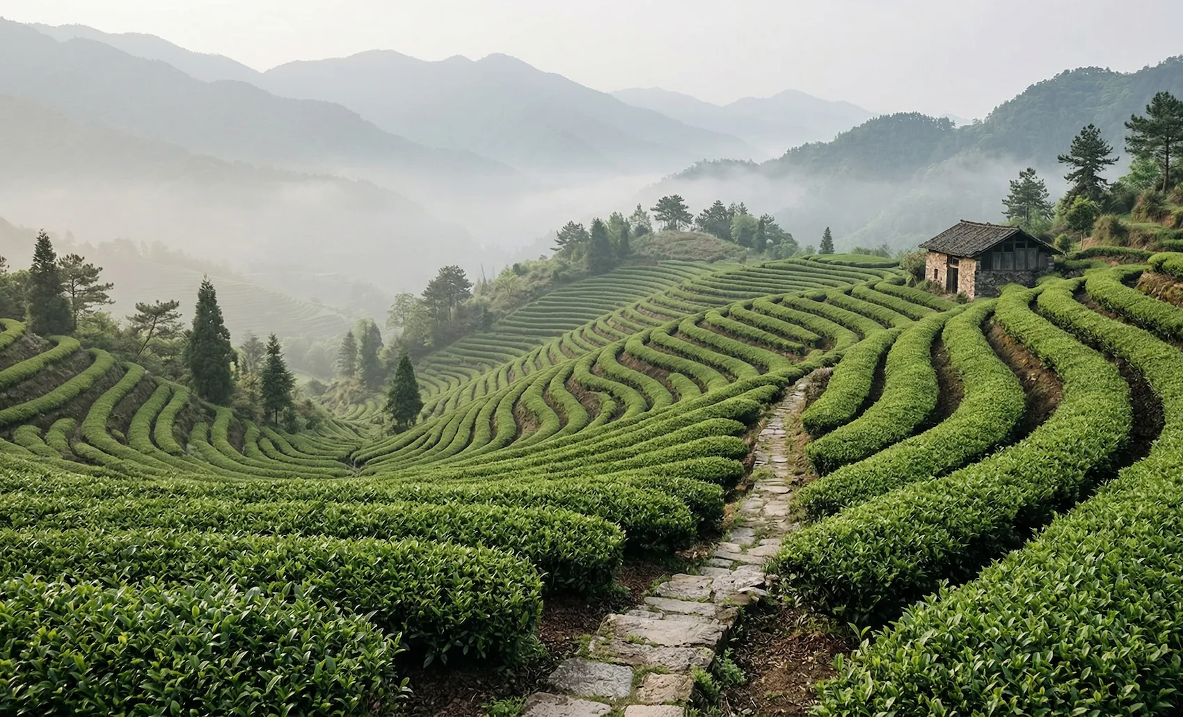 Terraços de chá em encosta chinesa coberta por névoa suave