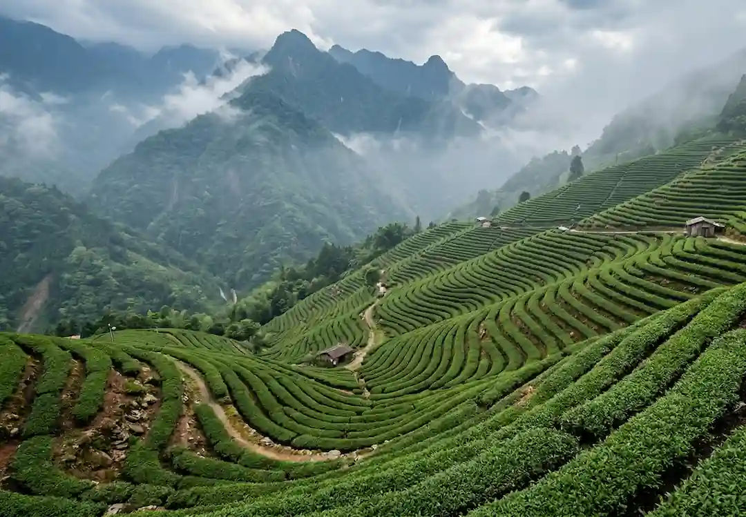 Plantações em terraços de Taiwan cobertas por neblina de montanha