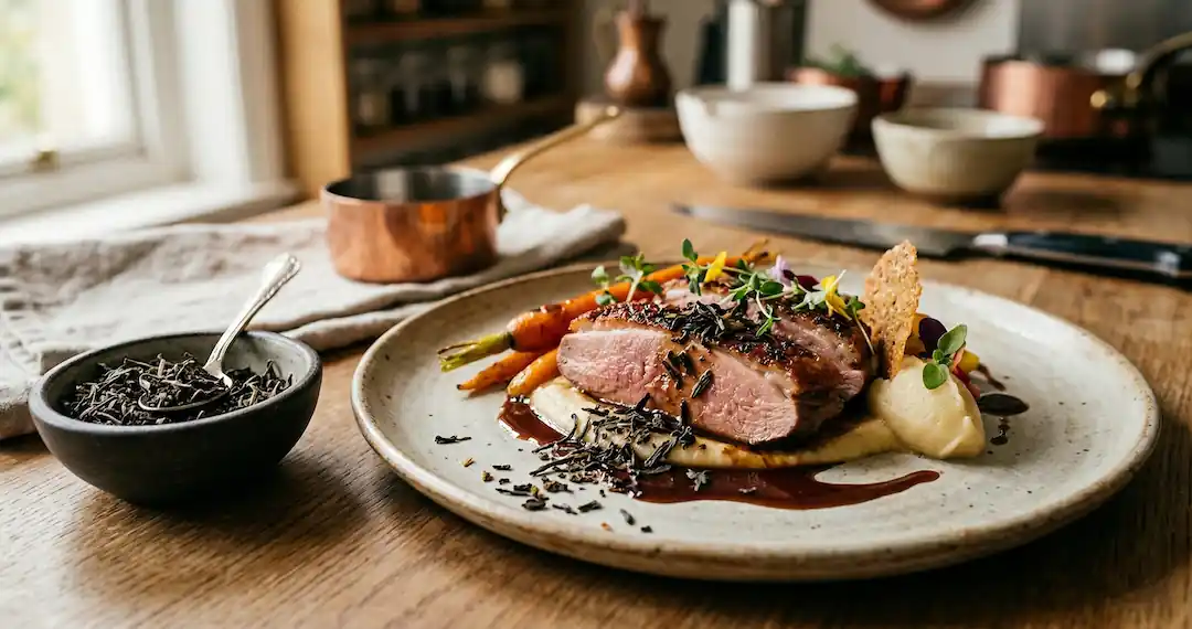 Set table with dishes and tea in a gastronomic context