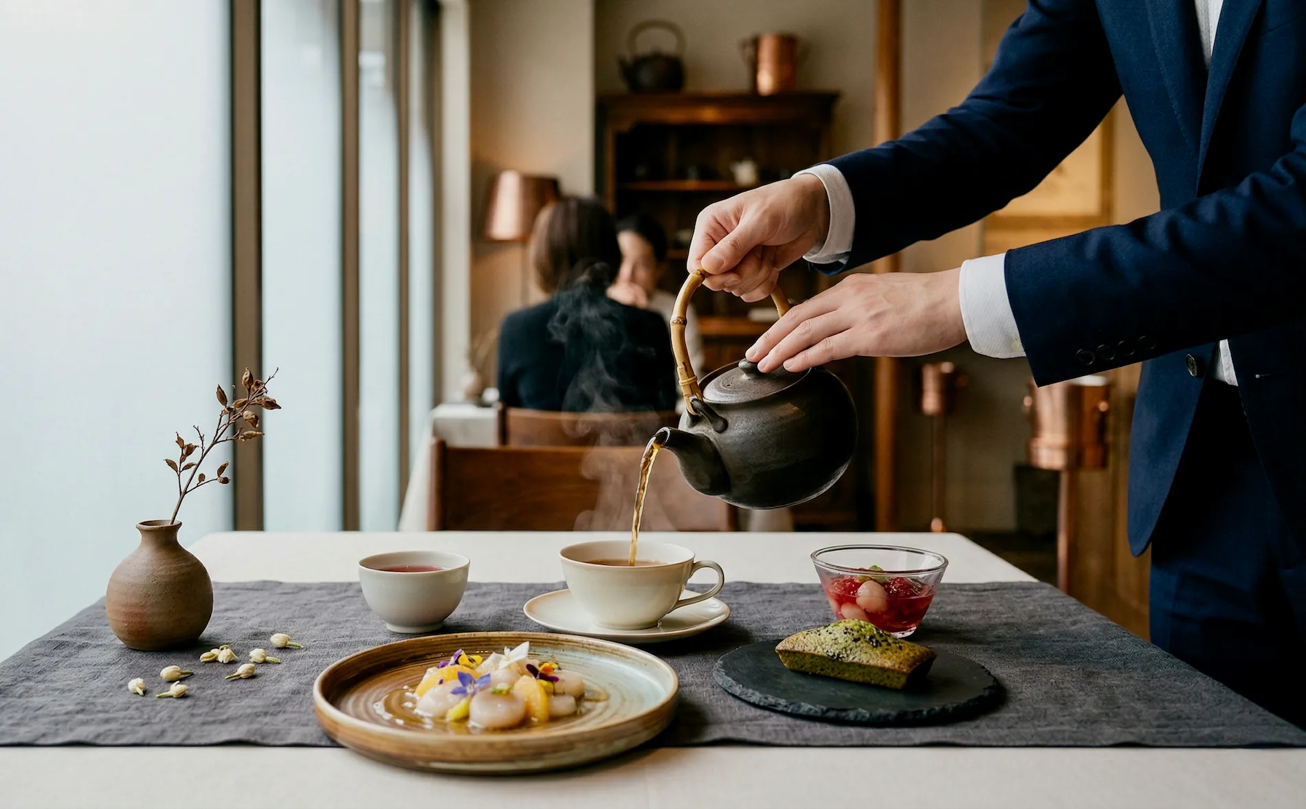 Tea service being poured at the table beside dishes in a gastronomic setting