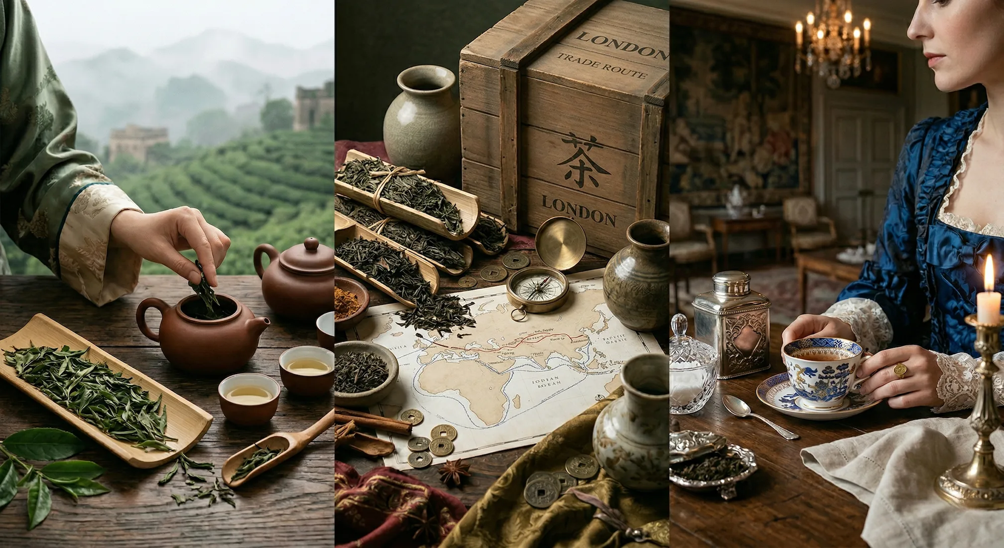 Historical composition in three moments of tea, from preparation in Asia to global trade and service in the European court