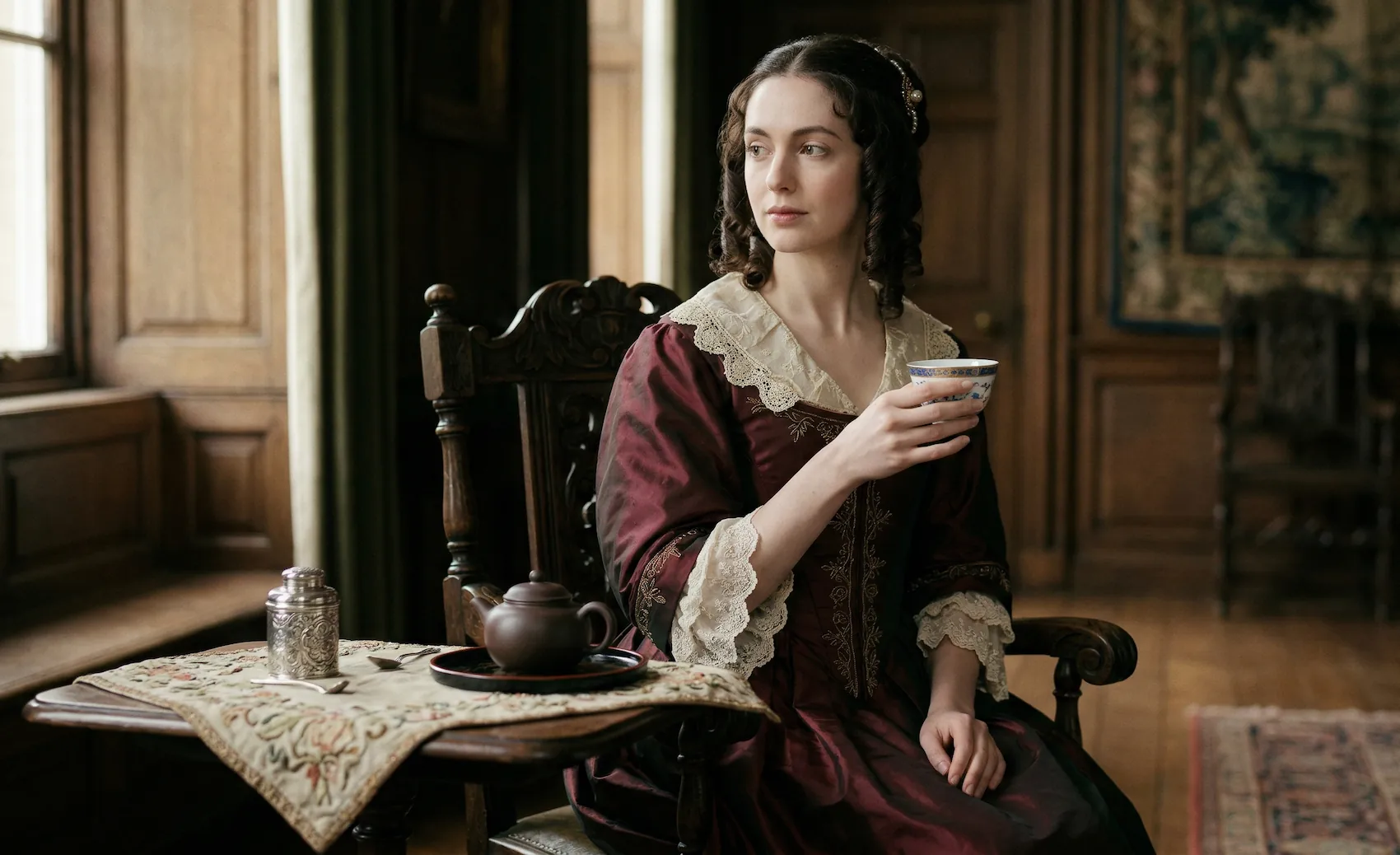 Court portrait inspired by Catherine of Braganza and the arrival of tea in the English aristocracy