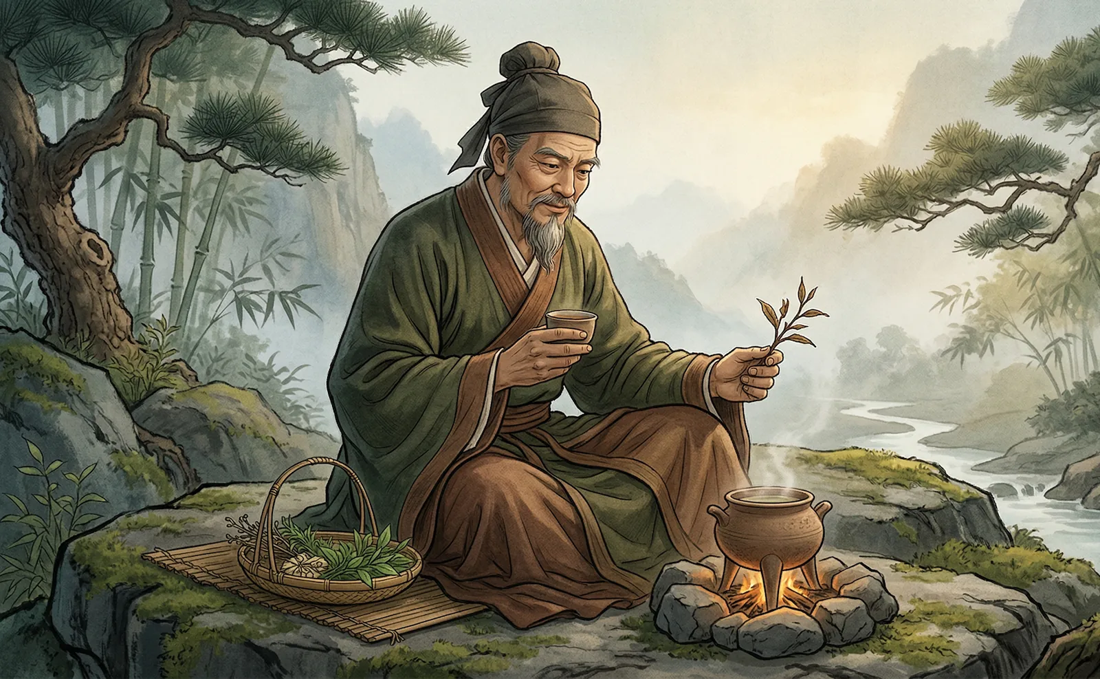 Representation of Shennong in a Chinese landscape holding a tea branch beside heated water