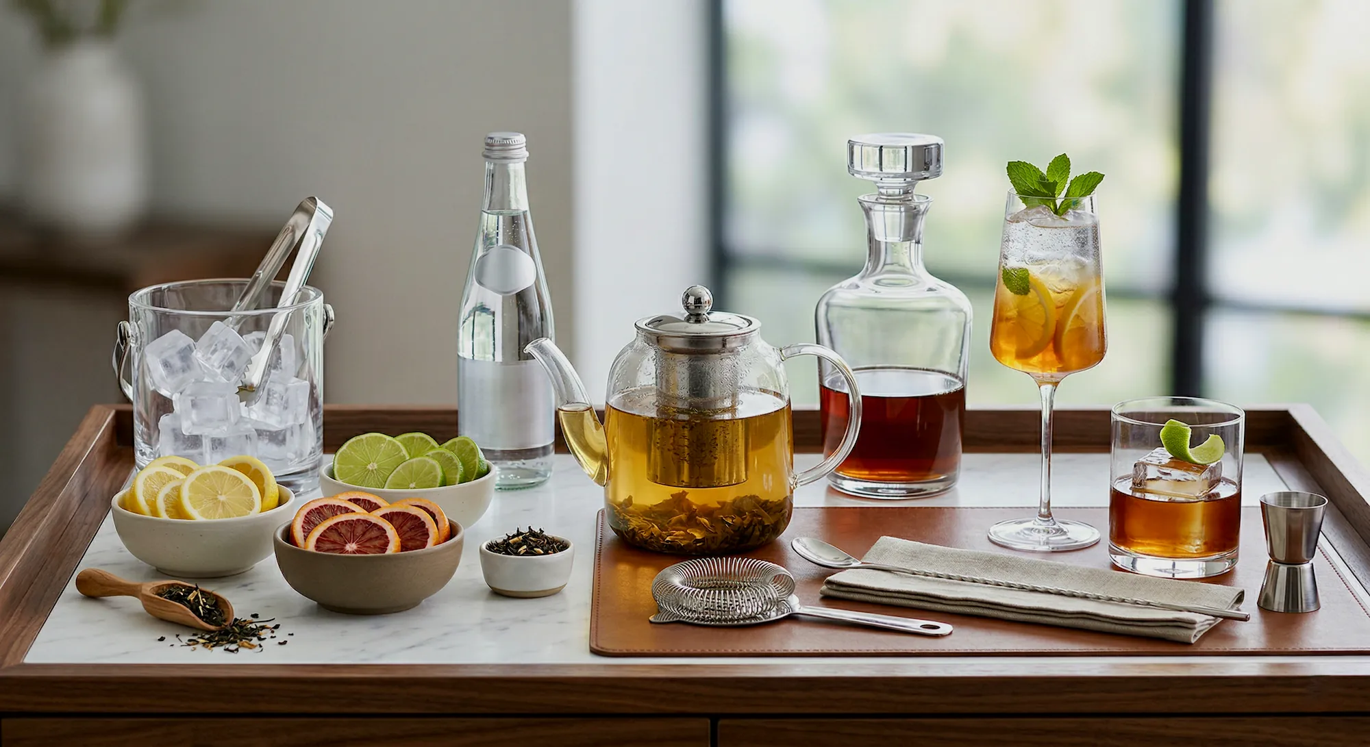 Refined non-alcoholic drink station with tea, ice, citrus, sparkling water, and glassware