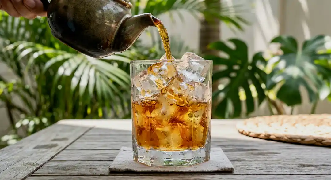 Iced tea prepared for service with ice and a citrus finish