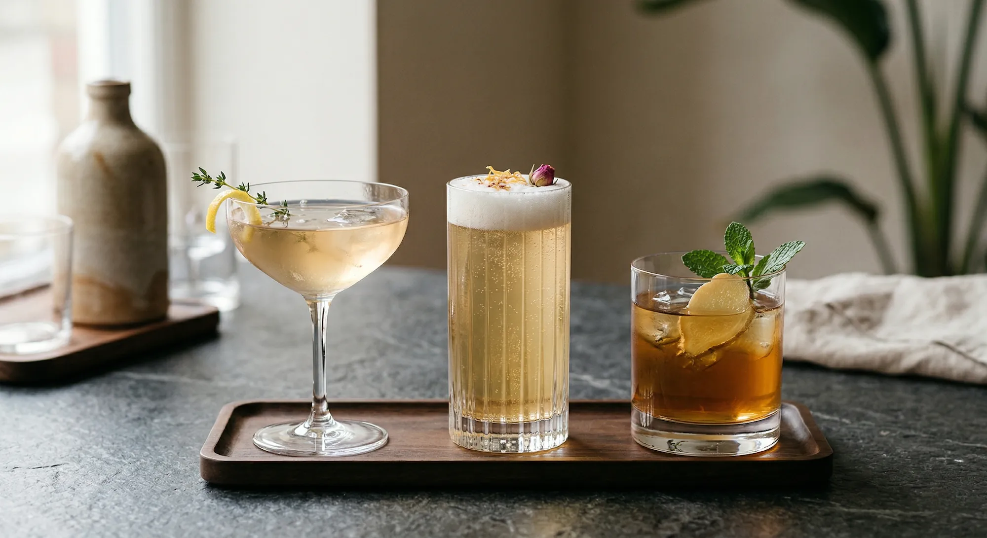 Three non-alcoholic tea-based drinks served in elegant glasses with citrus, light foam, and mint