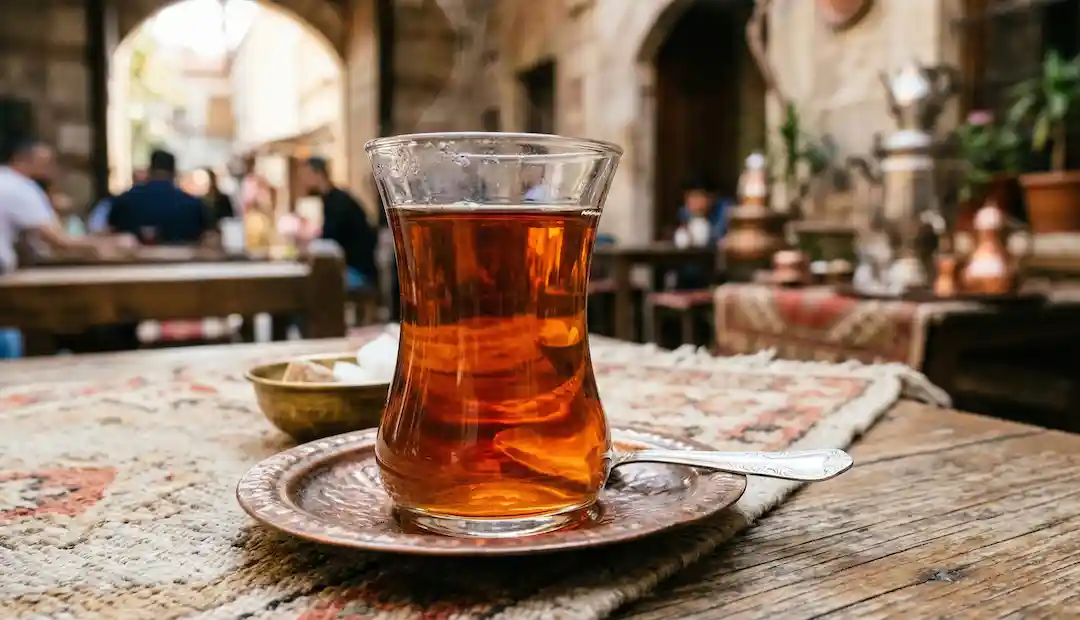 Turkish tea glasses in a slender shape showing the tea’s intense color