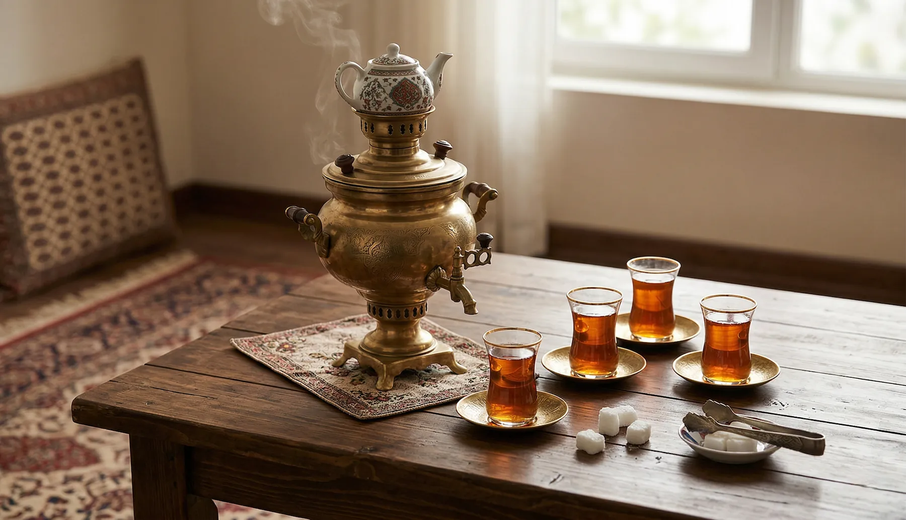Samovar and small Iranian tea glasses in traditional service