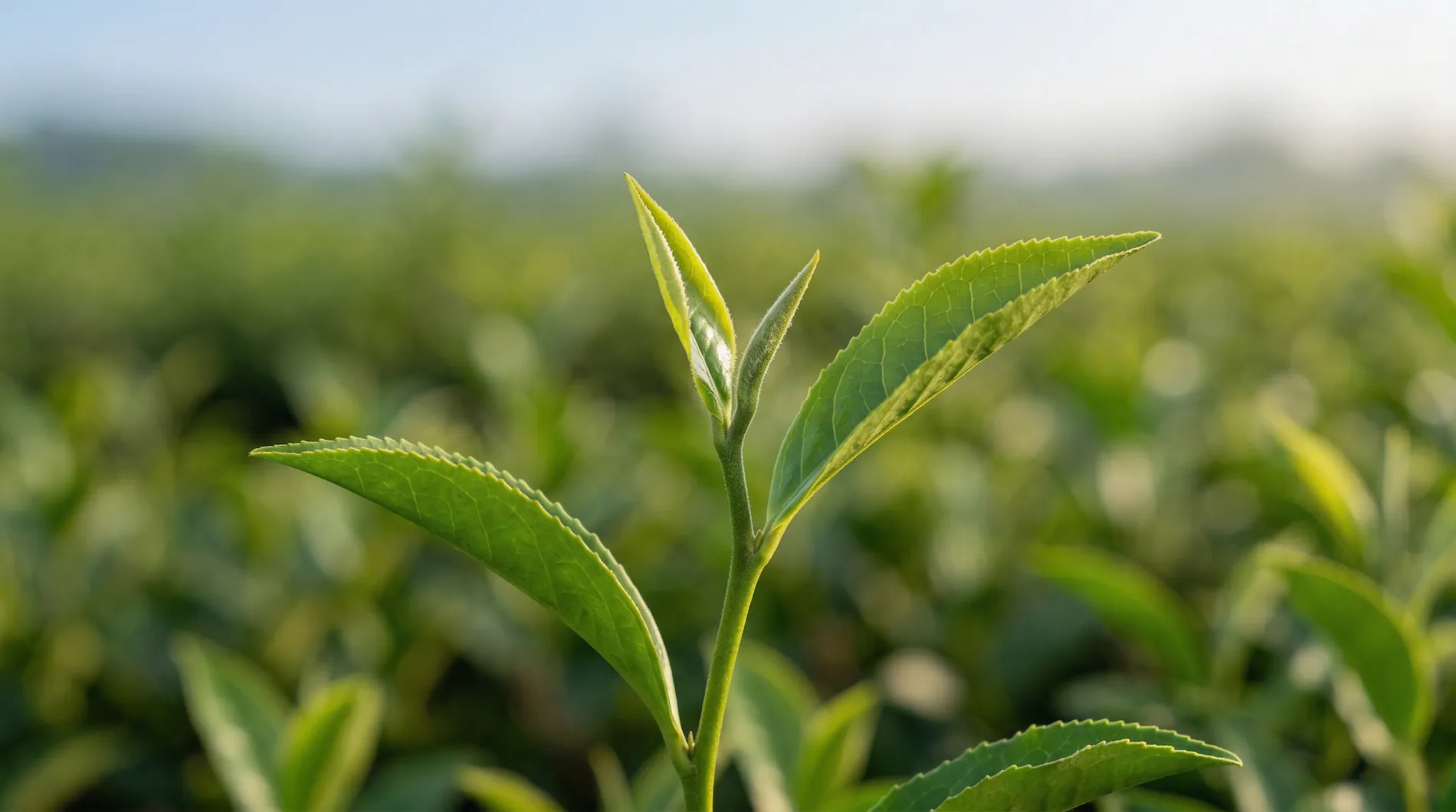Camellia sinensis bud with two young leaves highlighted in the field