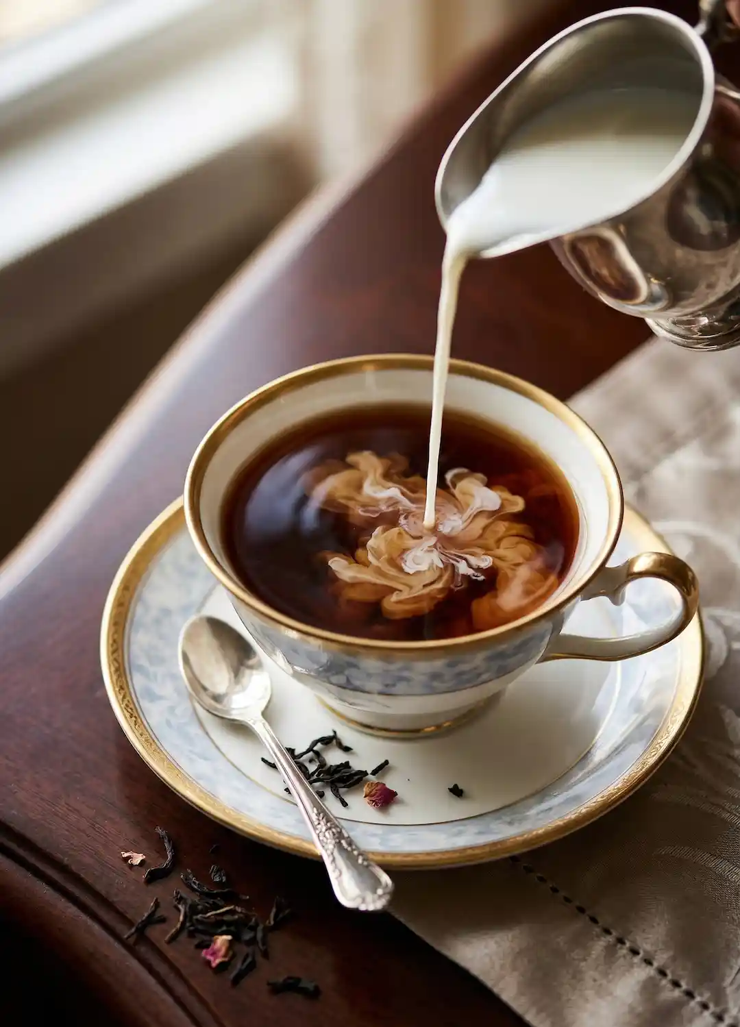 Xícara de chá com leite em uma composição elegante