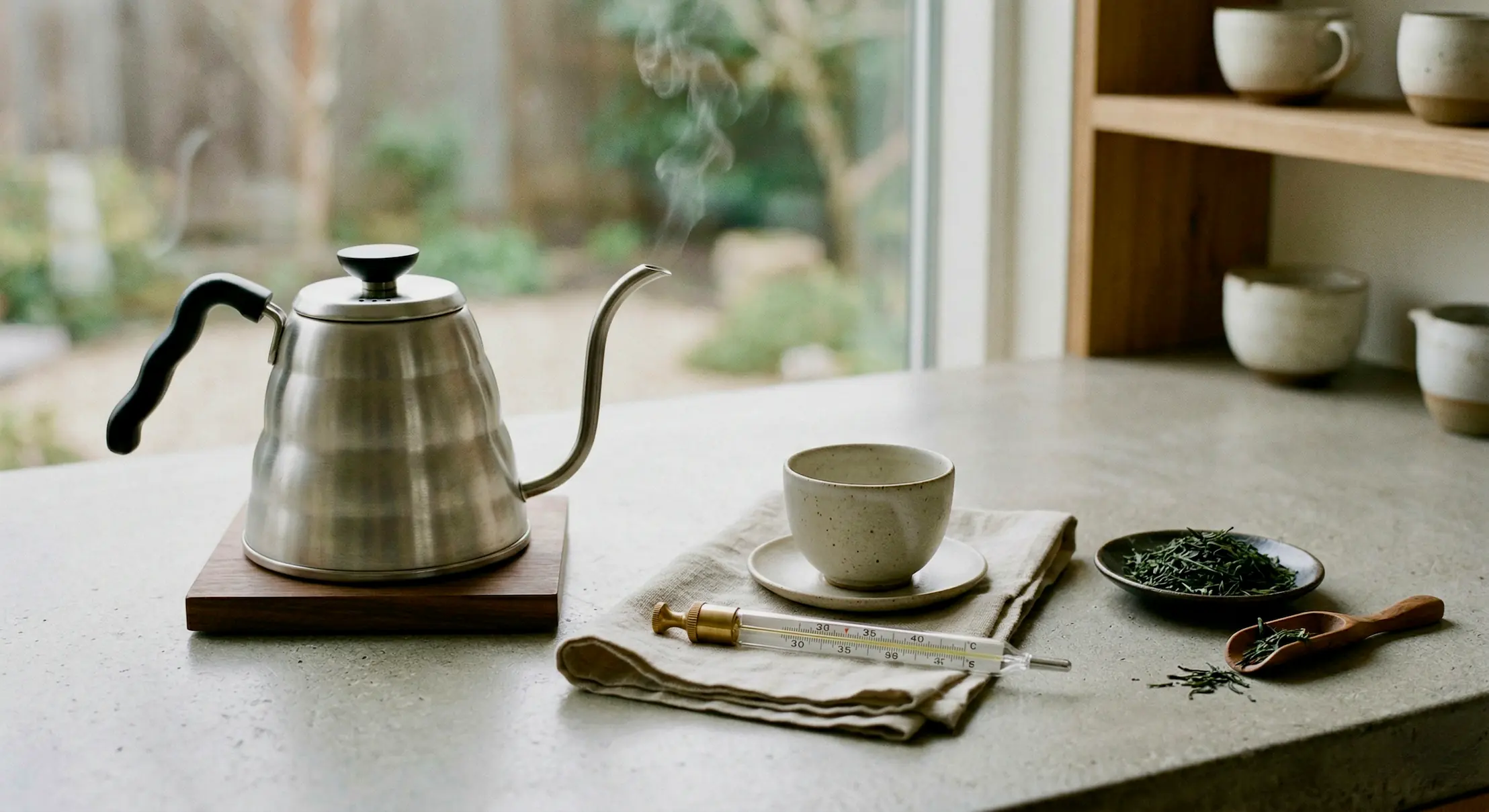 Chaleira de bico fino, xícara, termômetro e folhas de chá em um preparo cuidadoso