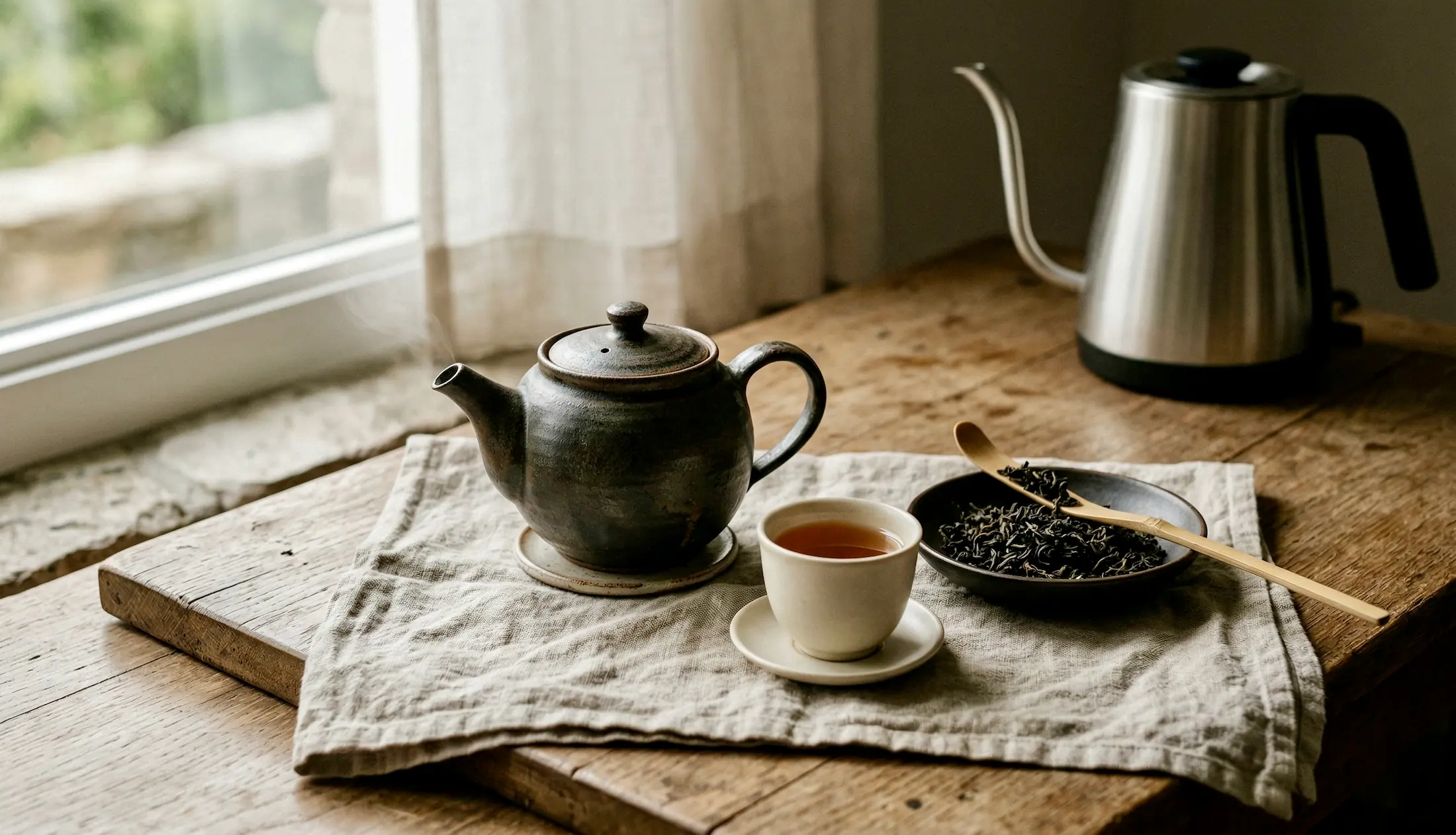 Bule de cerâmica, xícara de chá, folhas soltas e chaleira sobre mesa de madeira em um preparo cuidadoso