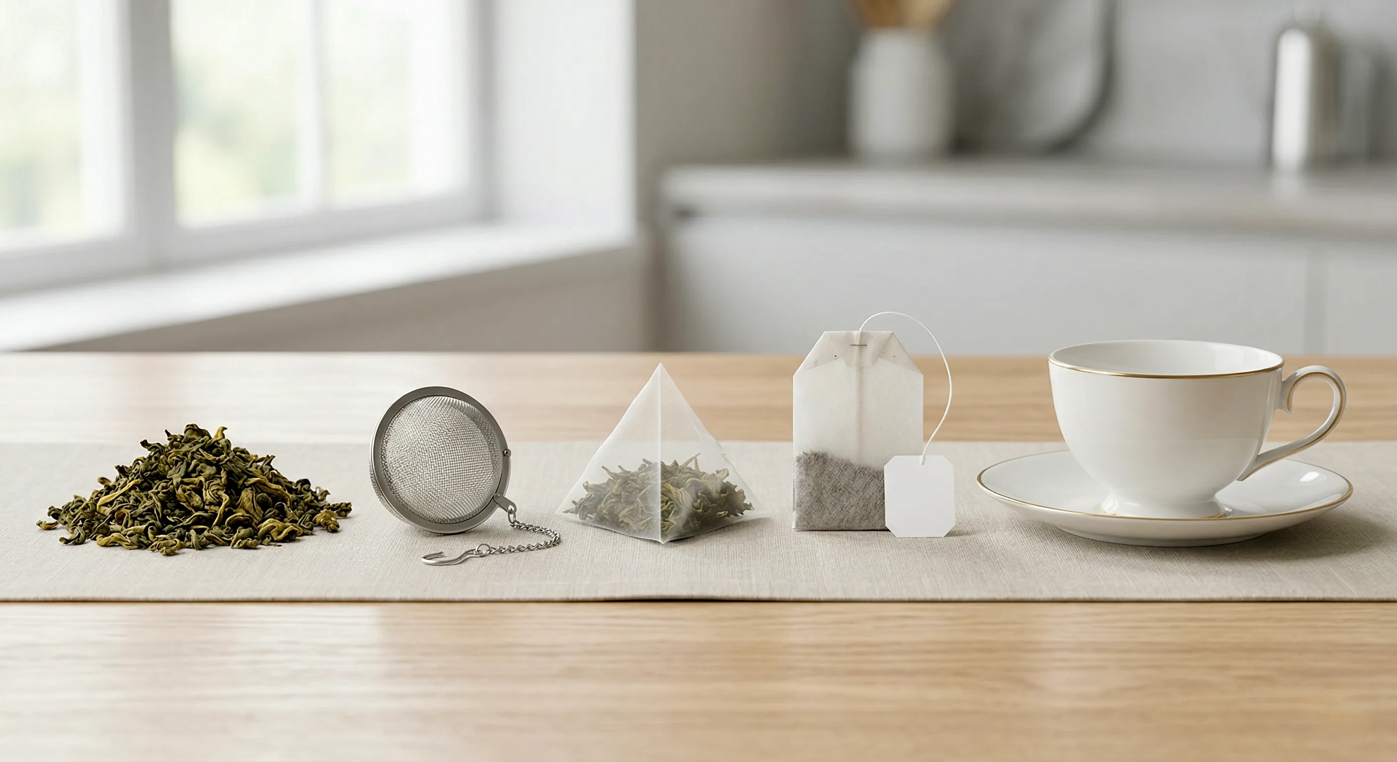 Folhas soltas de chá, infusor de metal, sachê piramidal, saquinho tradicional e xícara alinhados sobre a mesa