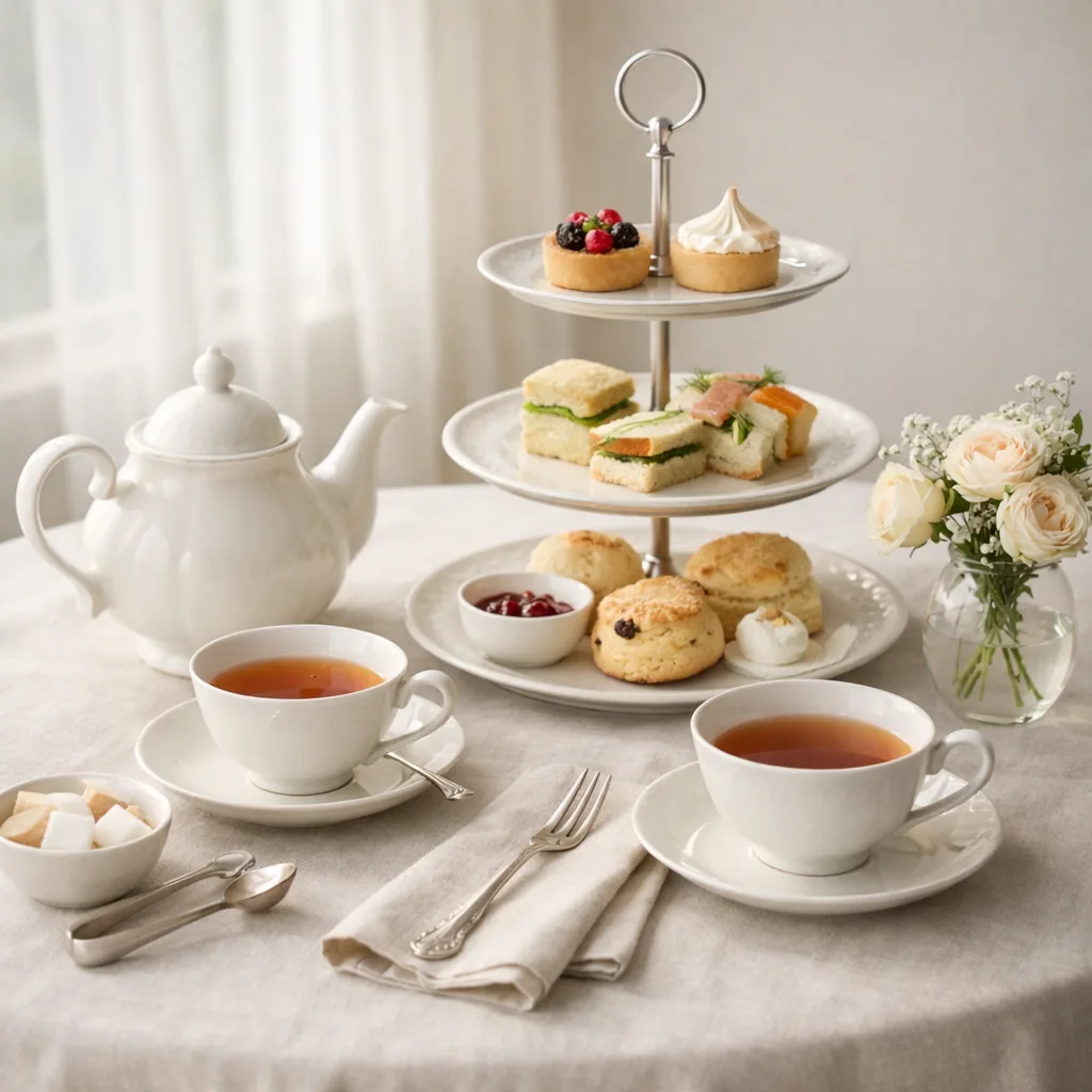 Classic afternoon tea table with teapot, fine cups, and a tiered stand of sweets