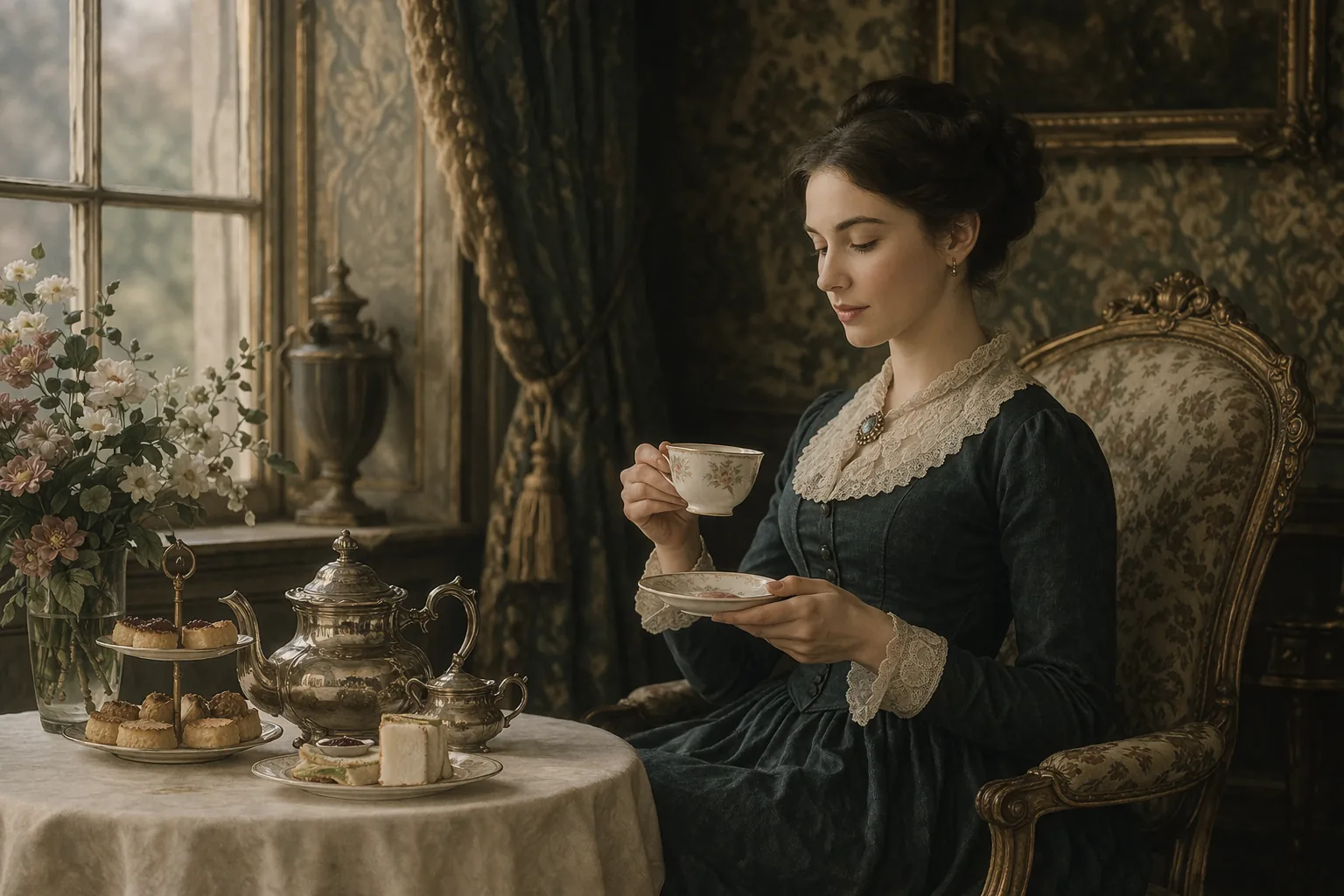 Scene inspired by the Victorian afternoon tea tradition in an aristocratic setting