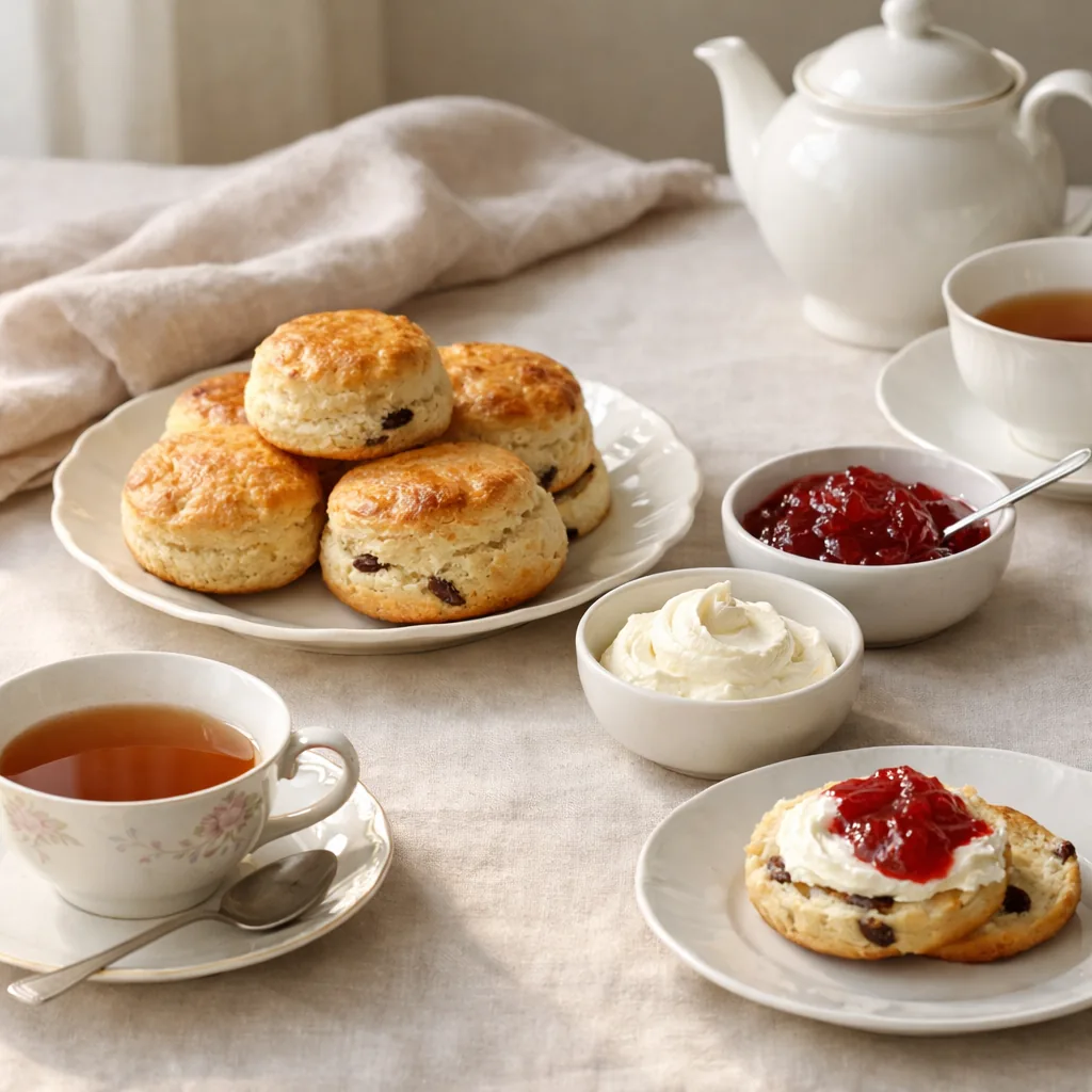 Scones, jam, and delicate china on an afternoon tea table