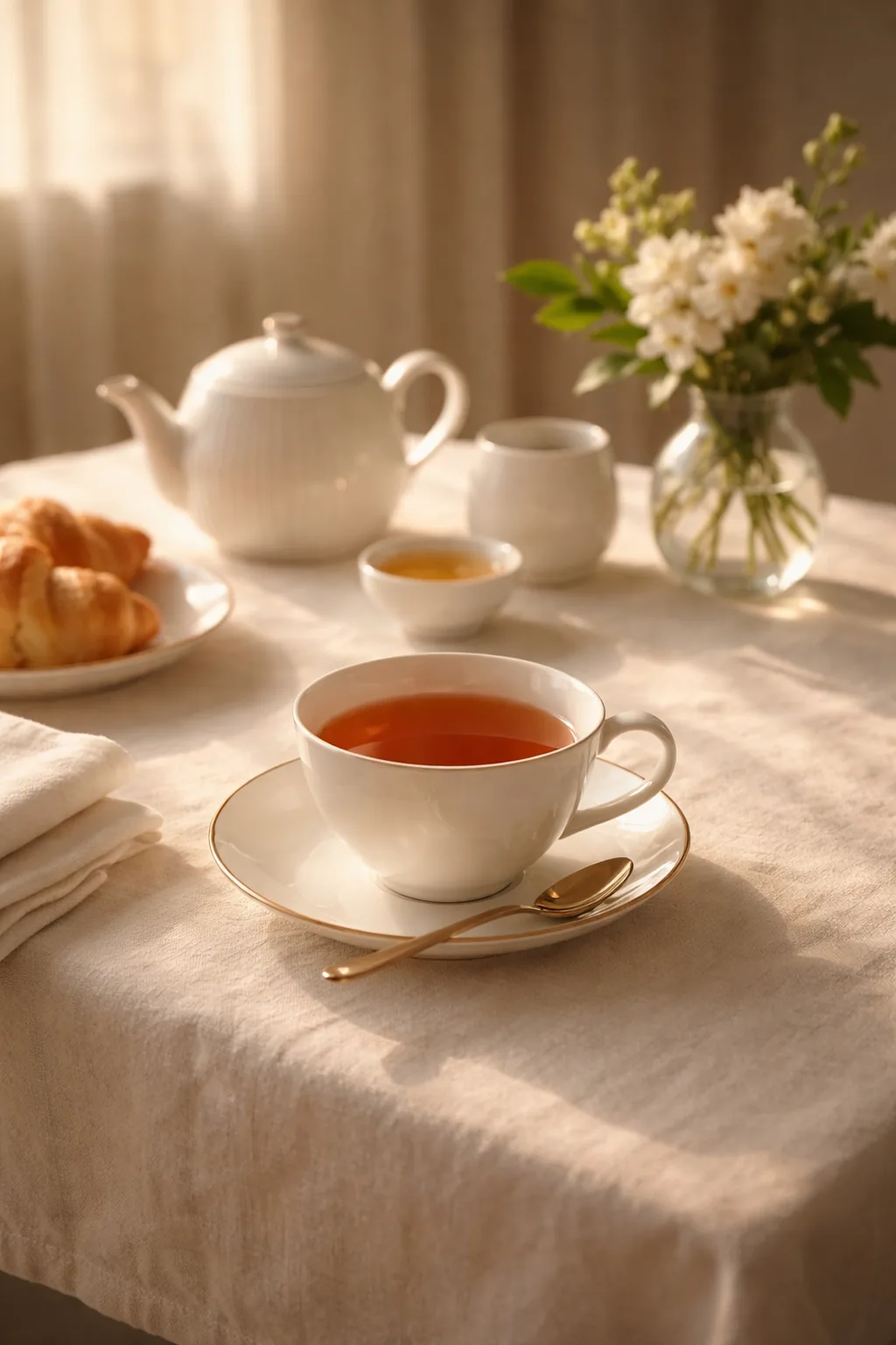 Taza de té de la mañana junto a una luz dorada y una mesa de desayuno refinada