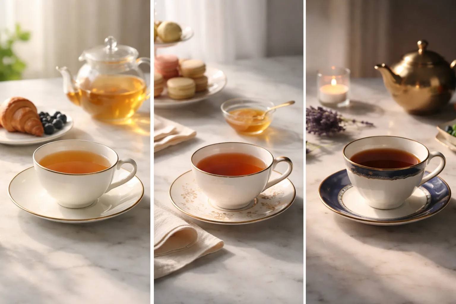 Composición editorial que muestra té de la mañana, de la tarde y de la noche en atmósferas distintas