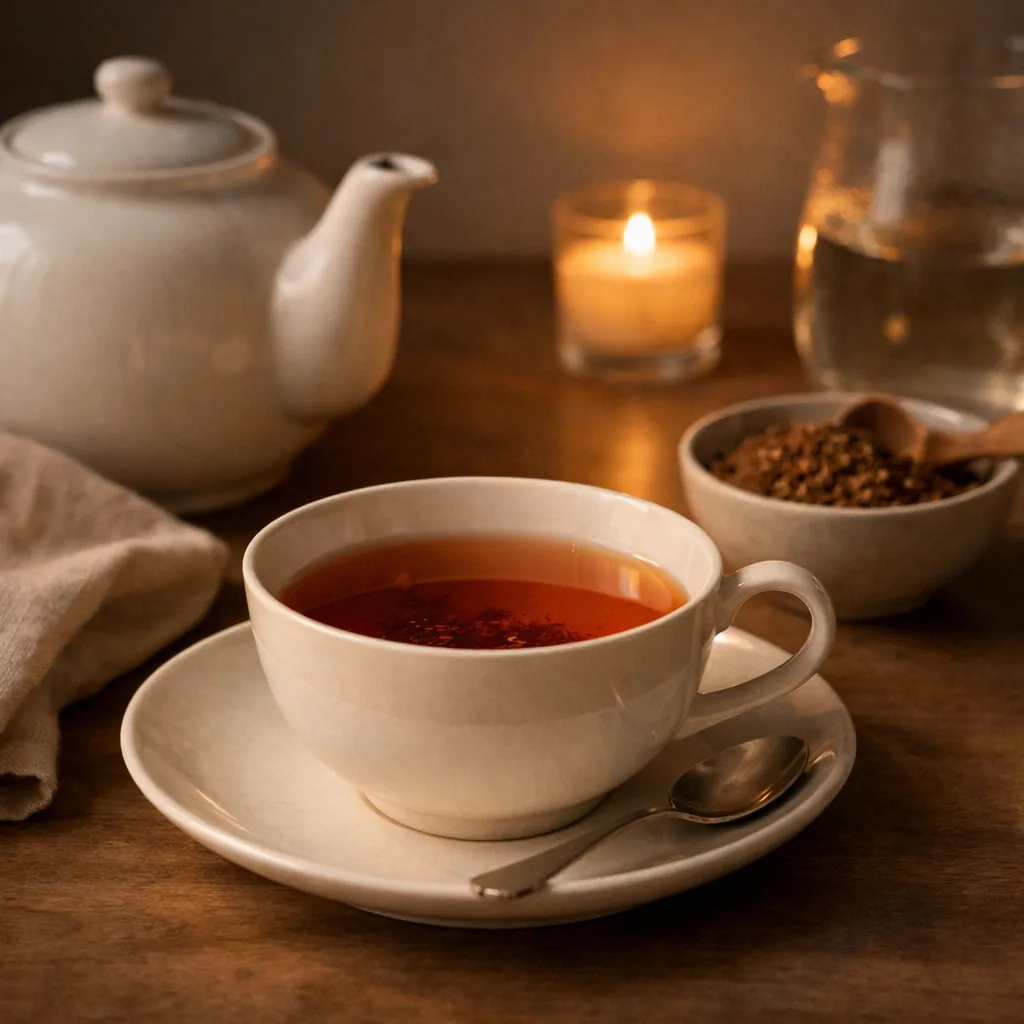 Taza de infusión nocturna en un ambiente tranquilo con luz baja y atmósfera acogedora