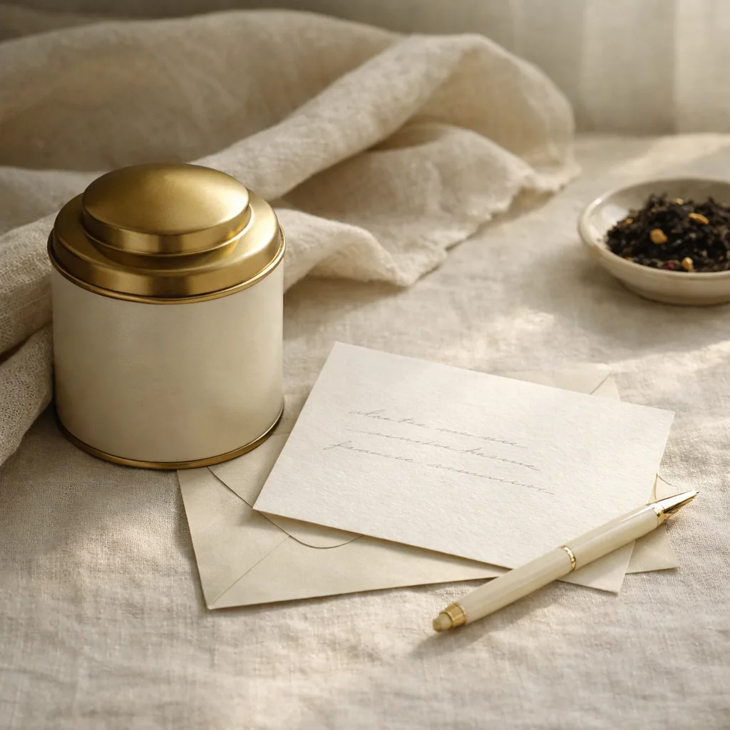 Lata de té, tarjeta manuscrita y tela natural en una composición elegante de regalo