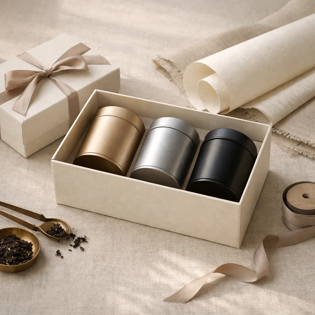 Caja de regalo premium con latas de té, lazo refinado y composición elegante