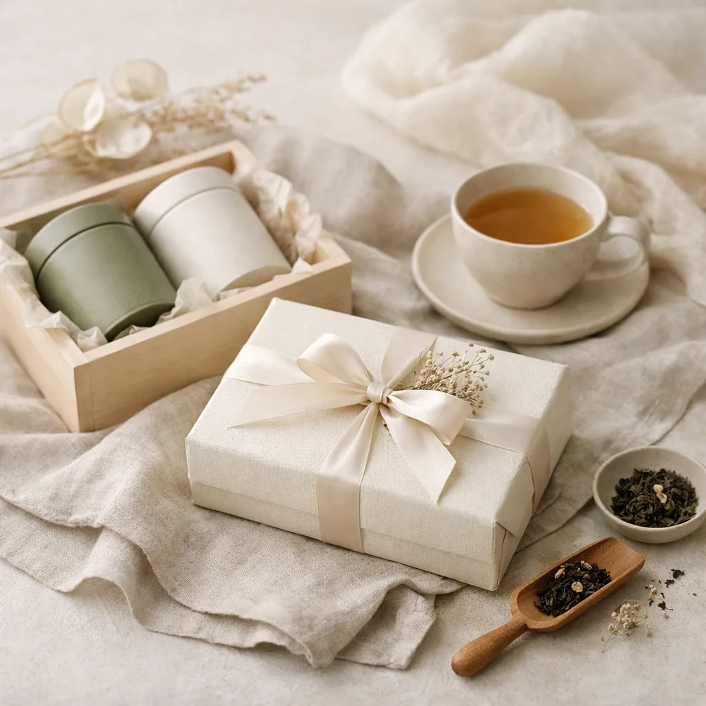 Regalo estacional con té, flores secas, tela natural y composición delicada