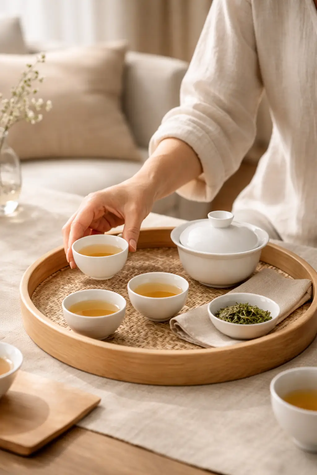 Anfitriã servindo chá em bandeja refinada para convidados em ambiente acolhedor
