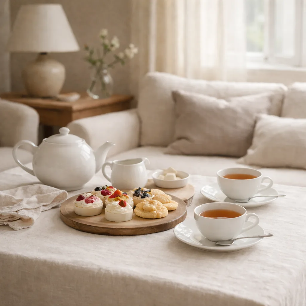Mesa de chá com acompanhamentos leves, bolos simples e louça delicada